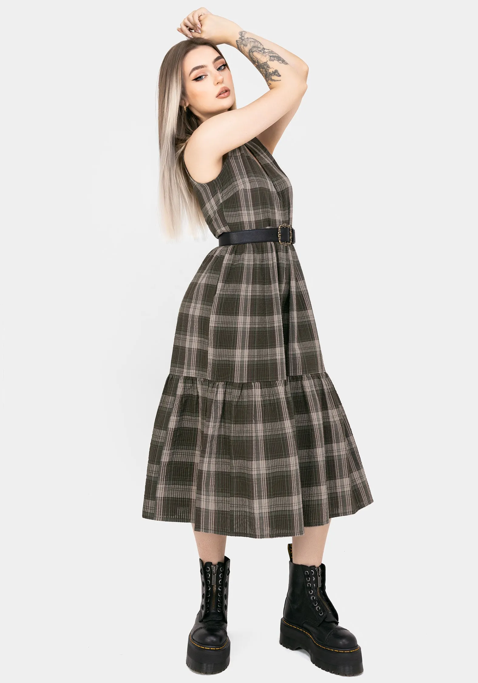 Fall Mood Clara Cotton Check Sleeveless Tiered Smock Midi Dress