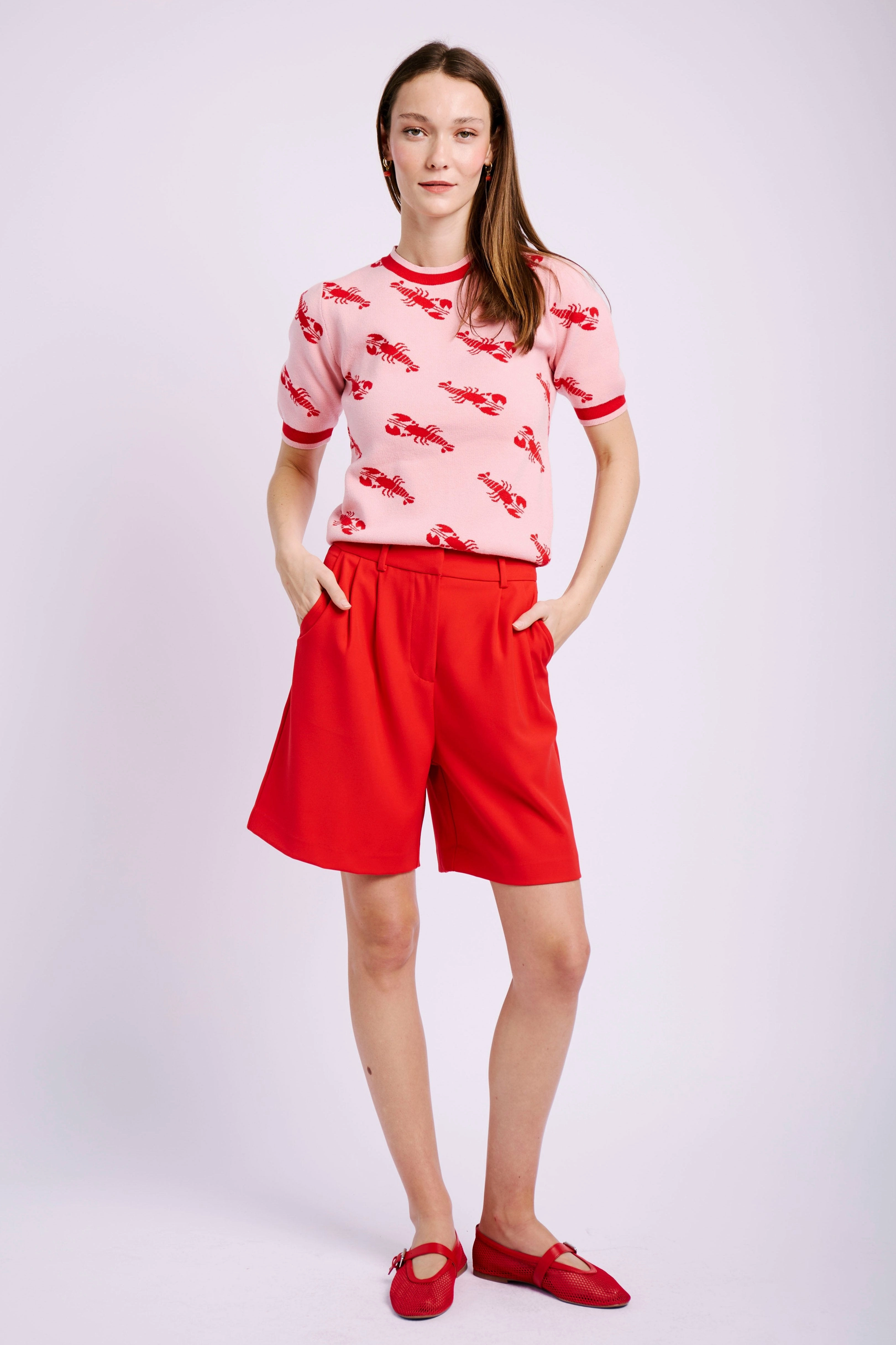 Tailored Pleat Front Short in Red Eco Certified Dye Golf Apparel