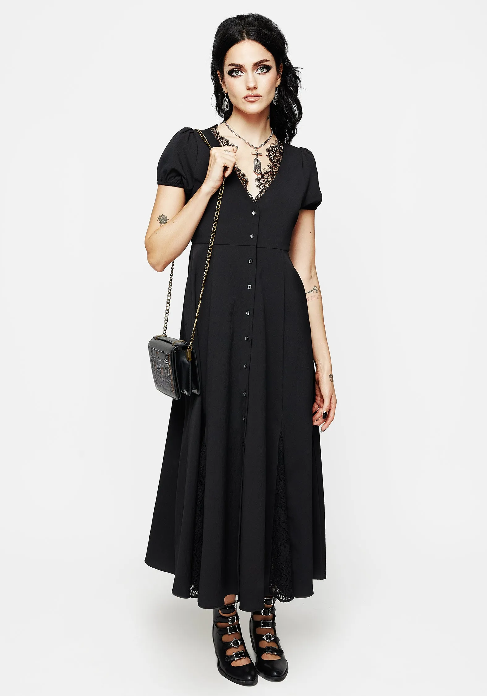 Taissa Floral Lace Button Up Midaxi Dress Crinkle Effect