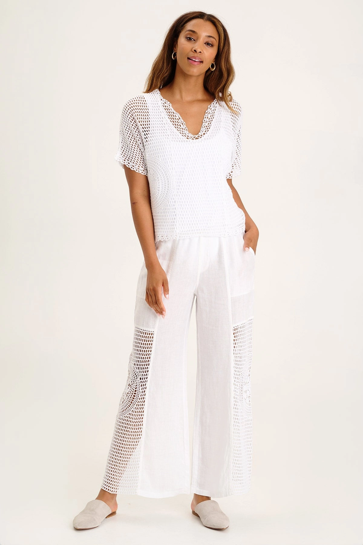 Tangent Linen/Crochet Wide Leg Pant Fashionable Waist