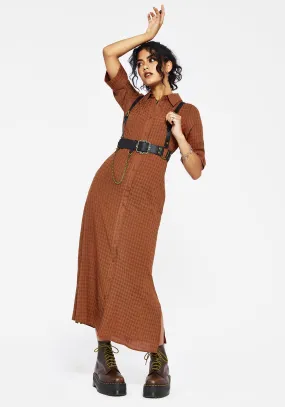 Tiered-Skirt Muted Tones Soleil Cotton-Blend Check  Midi Shirt Dress