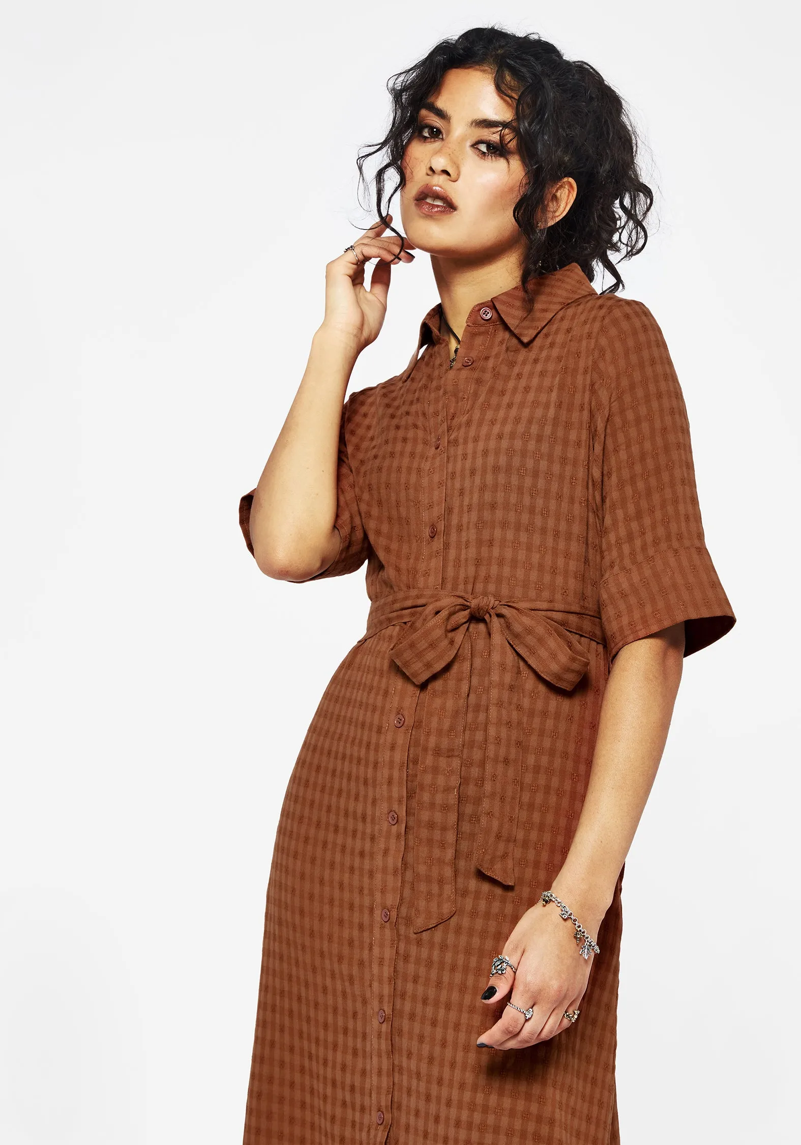 Flattering Shape Wear Casual event outfit Soleil Cotton-Blend Check  Midi Shirt Dress