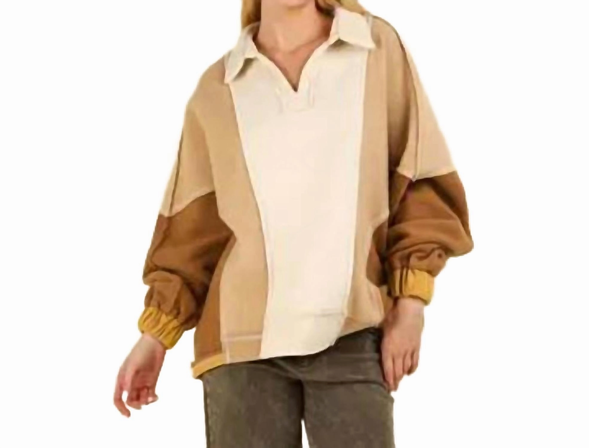 Taupe Color Block Top In Cream Snug Fit Knit Chilly Season Wear