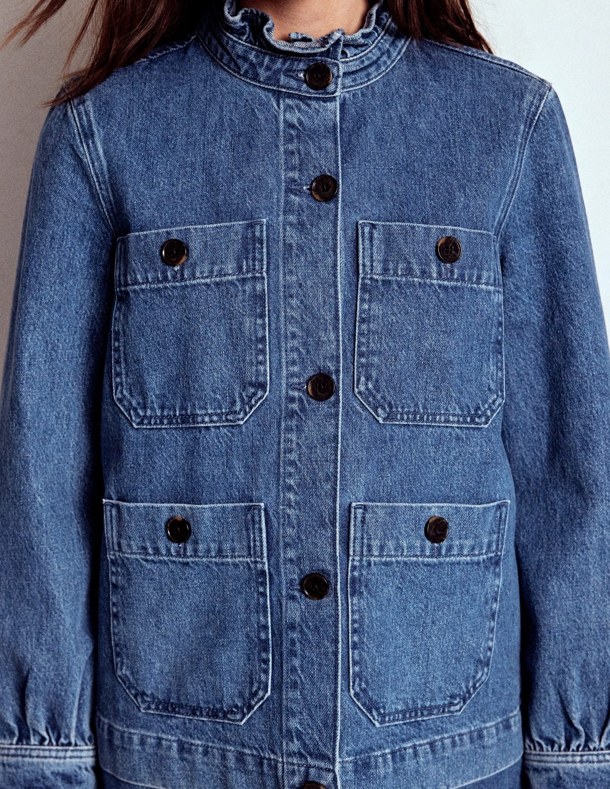 Comfortable Feel Denim Frill Collar Jacket-Mid Wash