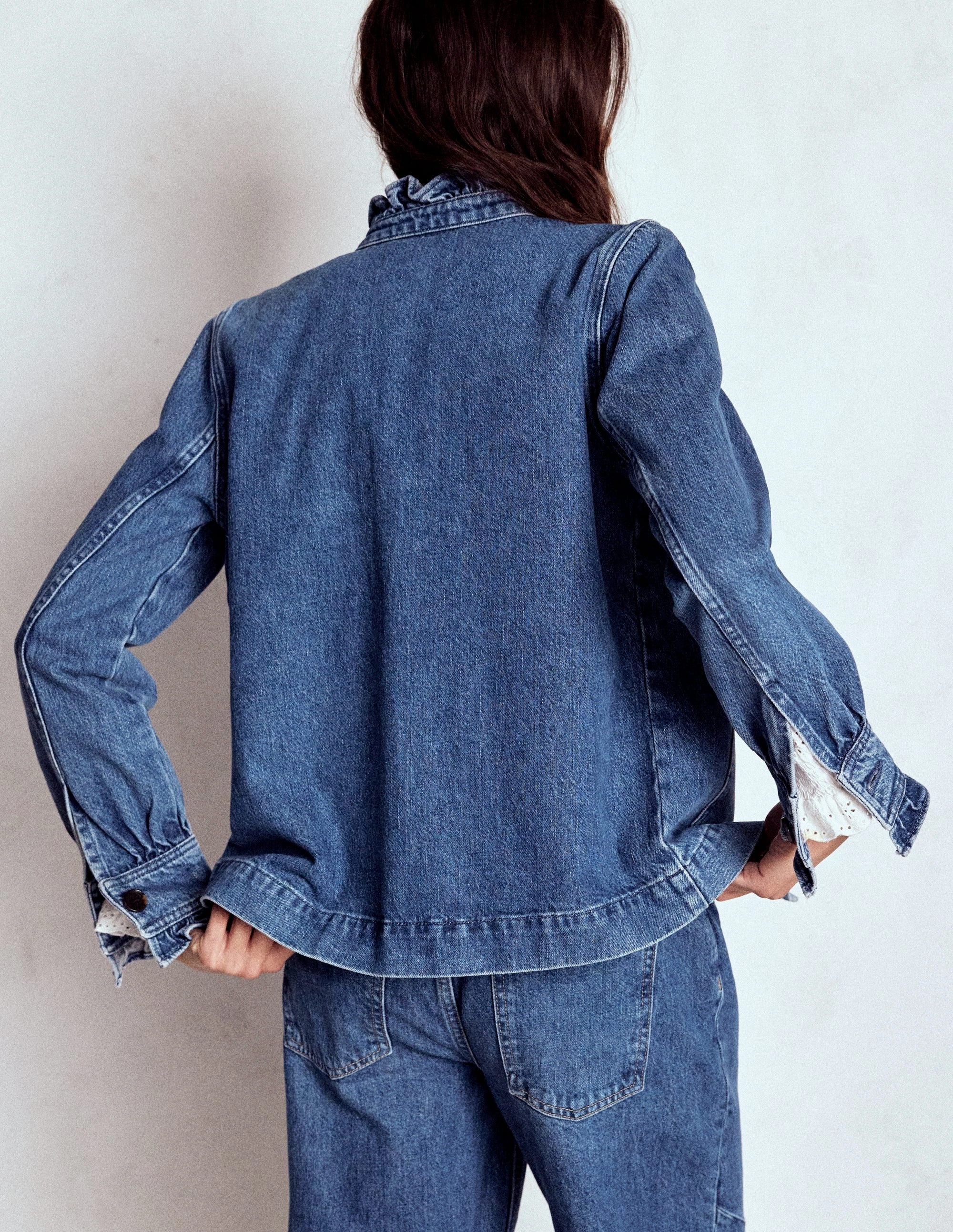 Denim Frill Collar Jacket-Mid Wash Cotton Twill Water Resistant Shell