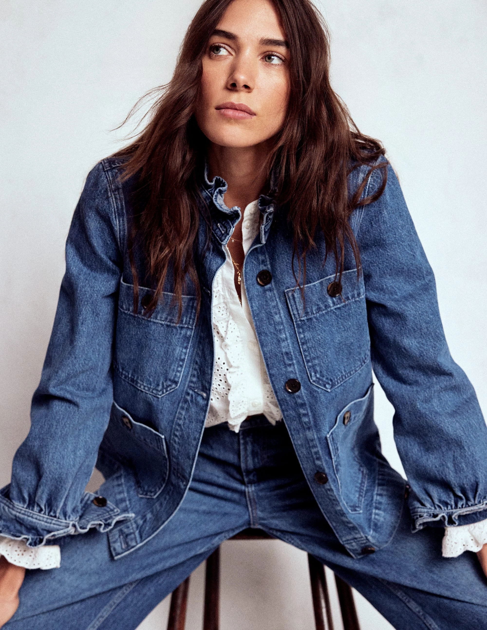 Denim Frill Collar Jacket-Mid Wash Relaxed Fit Silhouette Thermal Retention Layer