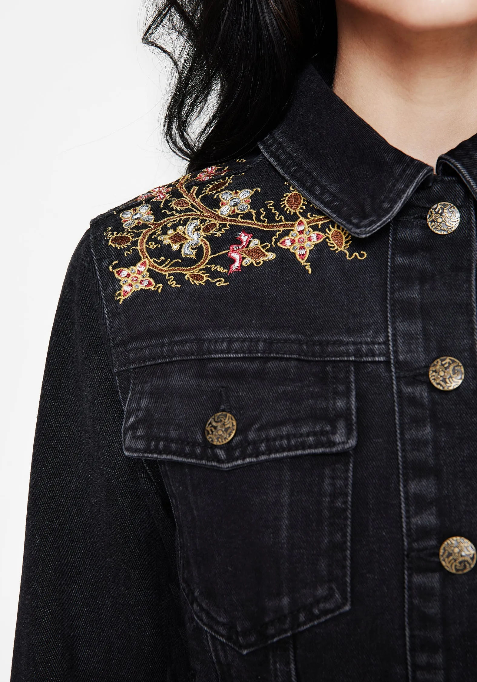 Minimal Aesthetic Nasturtium Floral Embroidered Denim Jacket