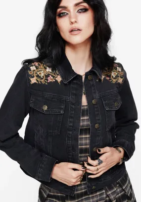 Nasturtium Floral Embroidered Denim Jacket MultiPocketStyle MultiPocket Layout