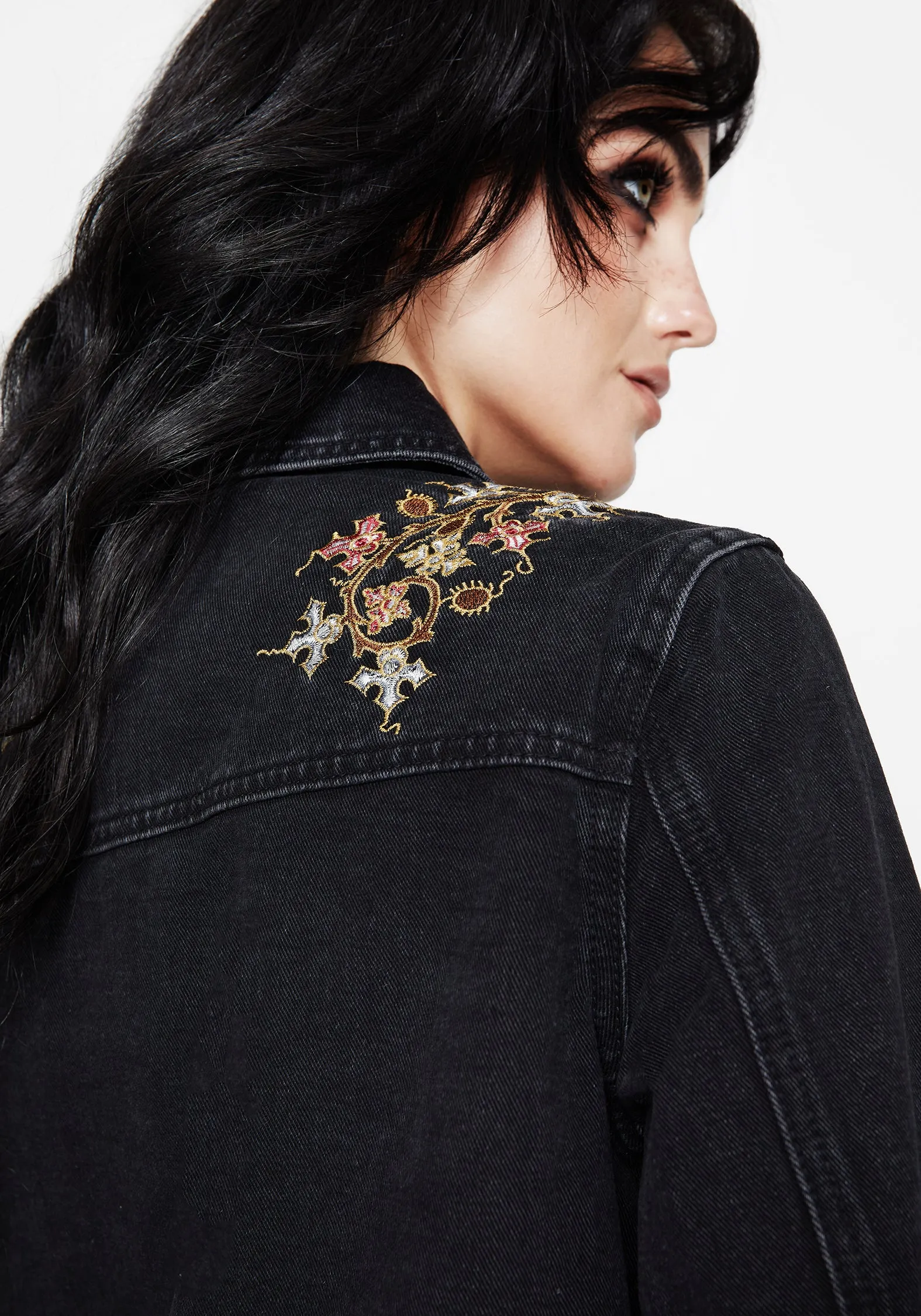 Nasturtium Floral Embroidered Denim Jacket Nylon Cover High Collar Structure