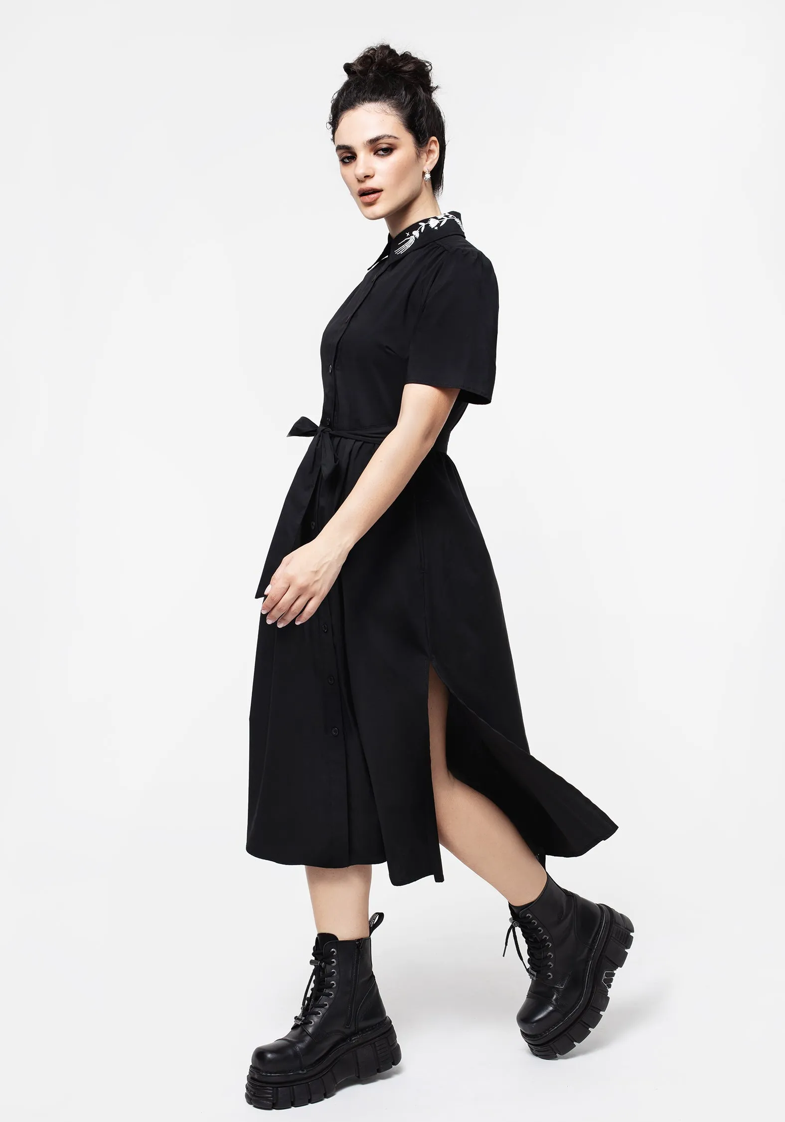 Smart Layer Wear Trendy Appeal Tempora Embroidered Midi Shirt Dress
