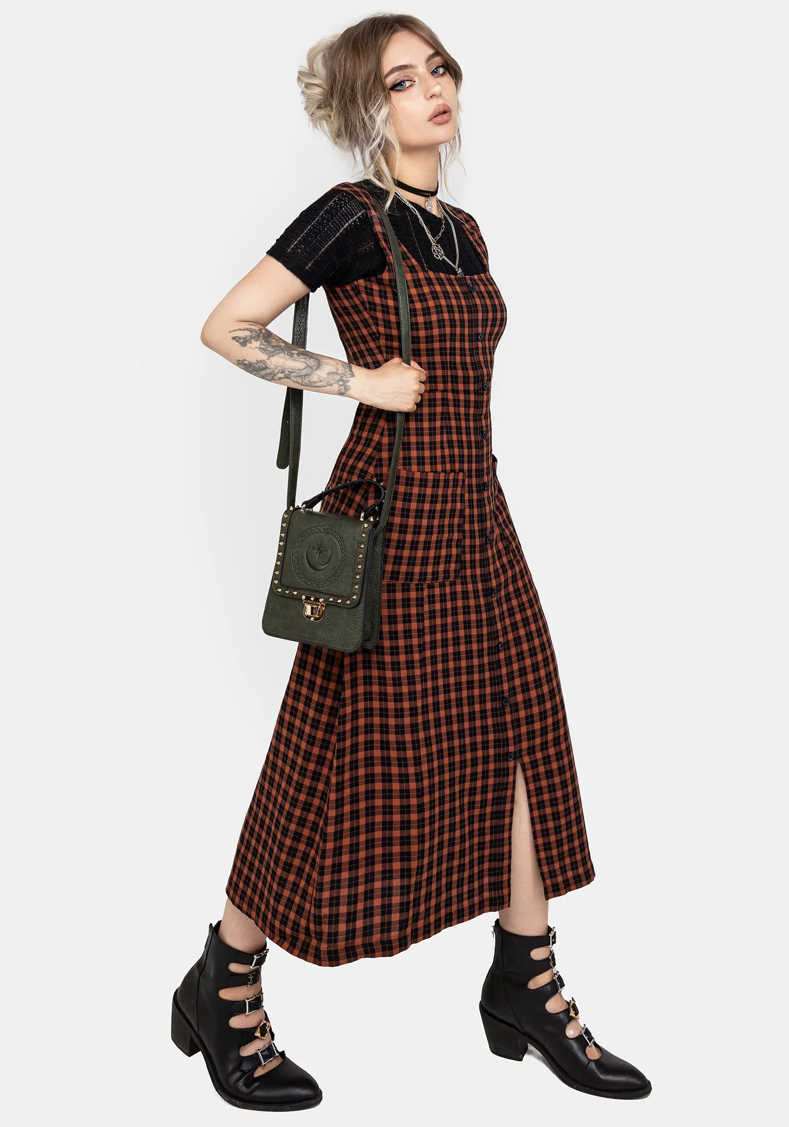 Premium Quality Office Tone Terra Check Button Up Midaxi Dress - Orange