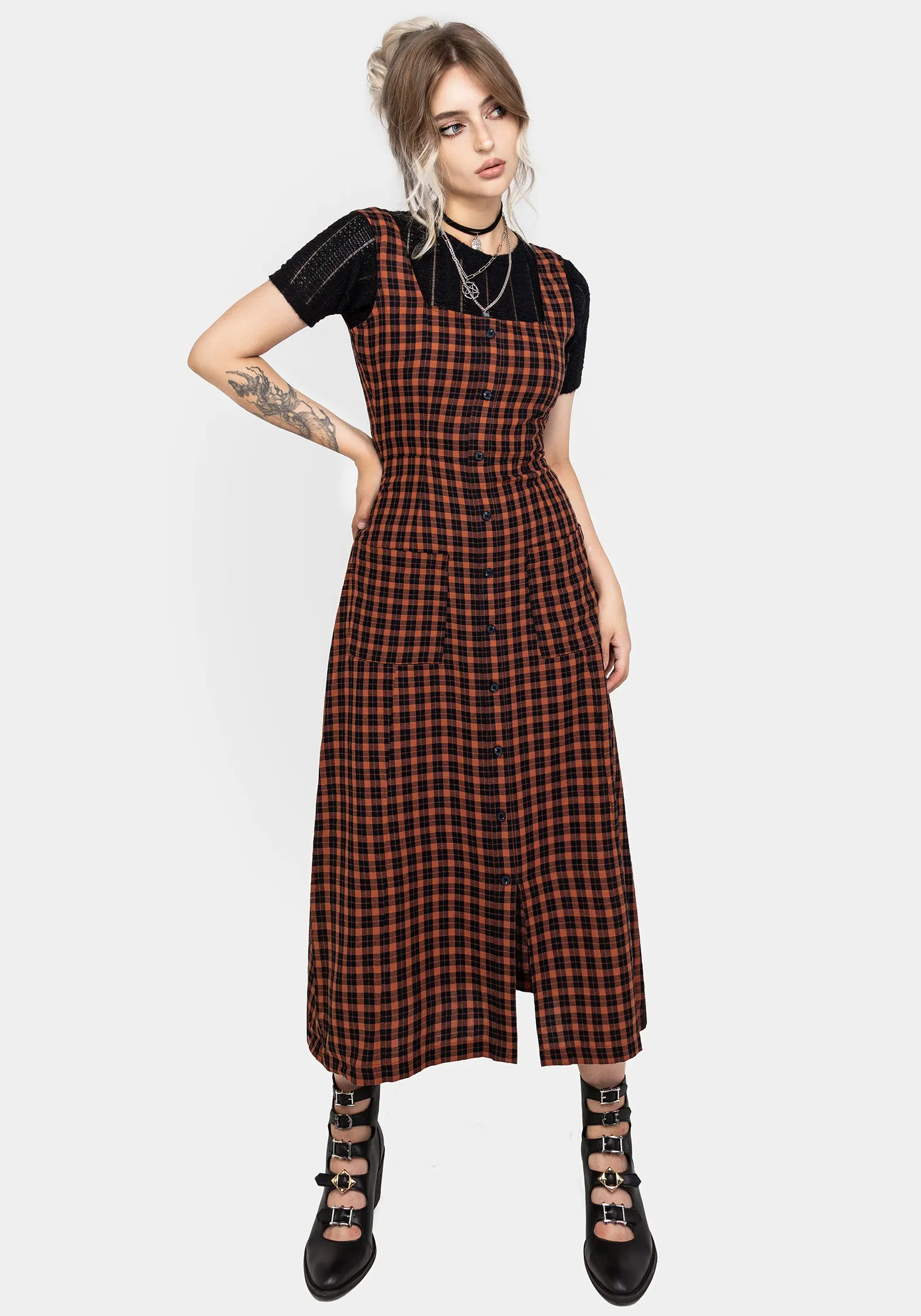 Terra Check Button Up Midaxi Dress - Orange Vibrant Hue