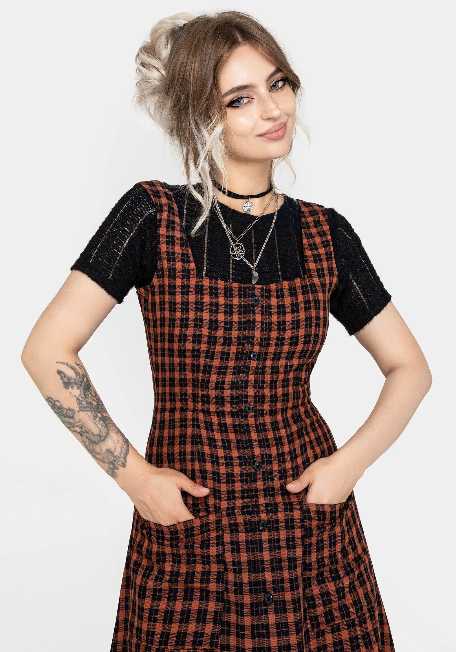 Trendy Piece QuickReleaseClasp Terra Check Button Up Midaxi Dress - Orange