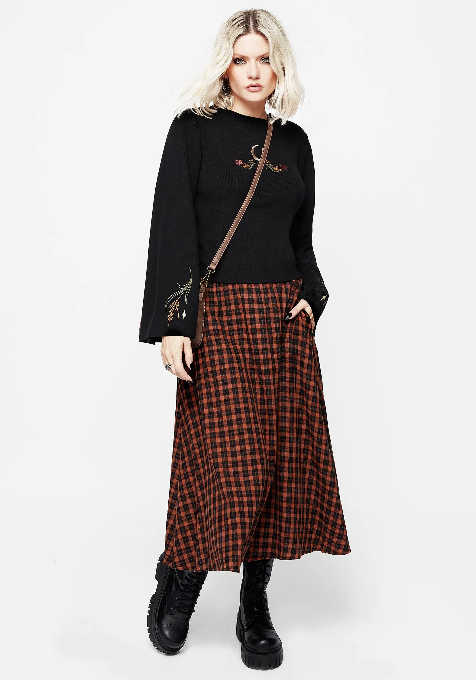 Terra Check Midi Skirt - Orange Romantic Vibe