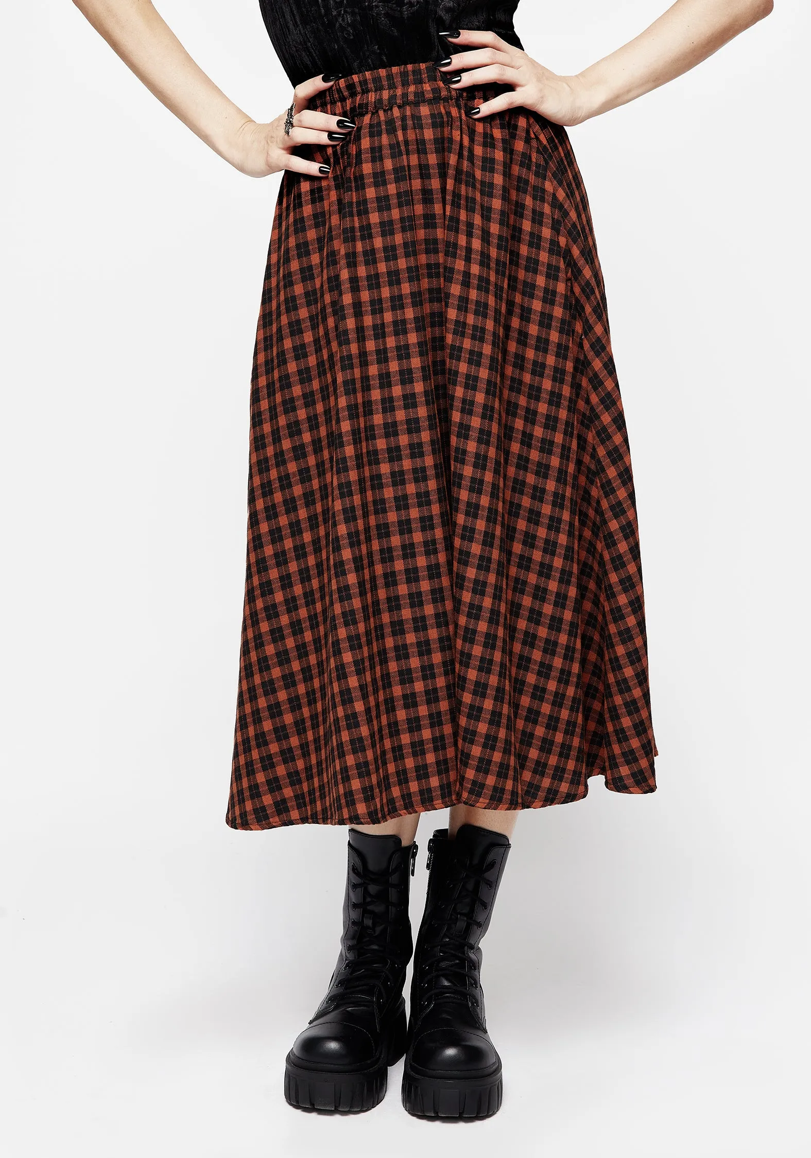 Push Button Closure Linen Cotton Mix Terra Check Midi Skirt - Orange