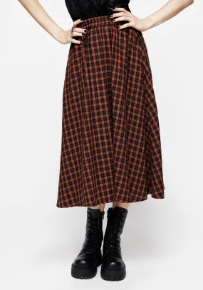 Push Button Closure Linen Cotton Mix Terra Check Midi Skirt - Orange