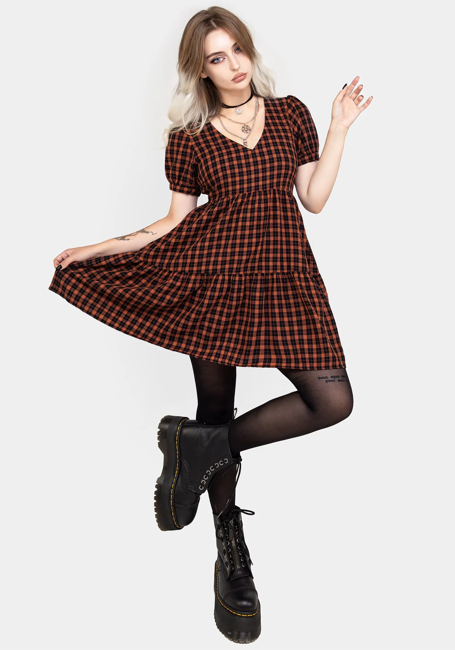 Perfect Style Terra Check Mini Smock Dress - Orange