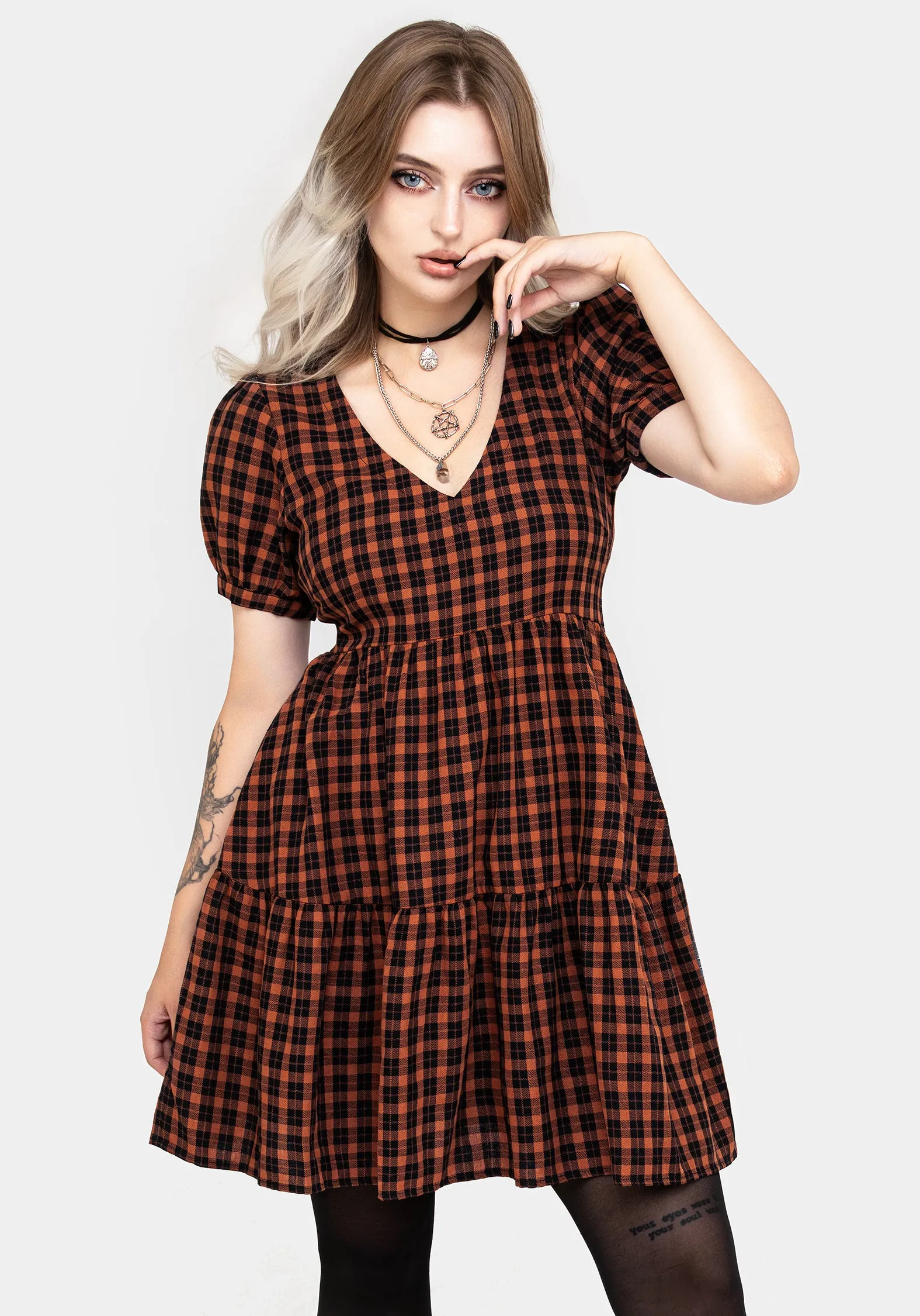 Versatile Layering Terra Check Mini Smock Dress - Orange