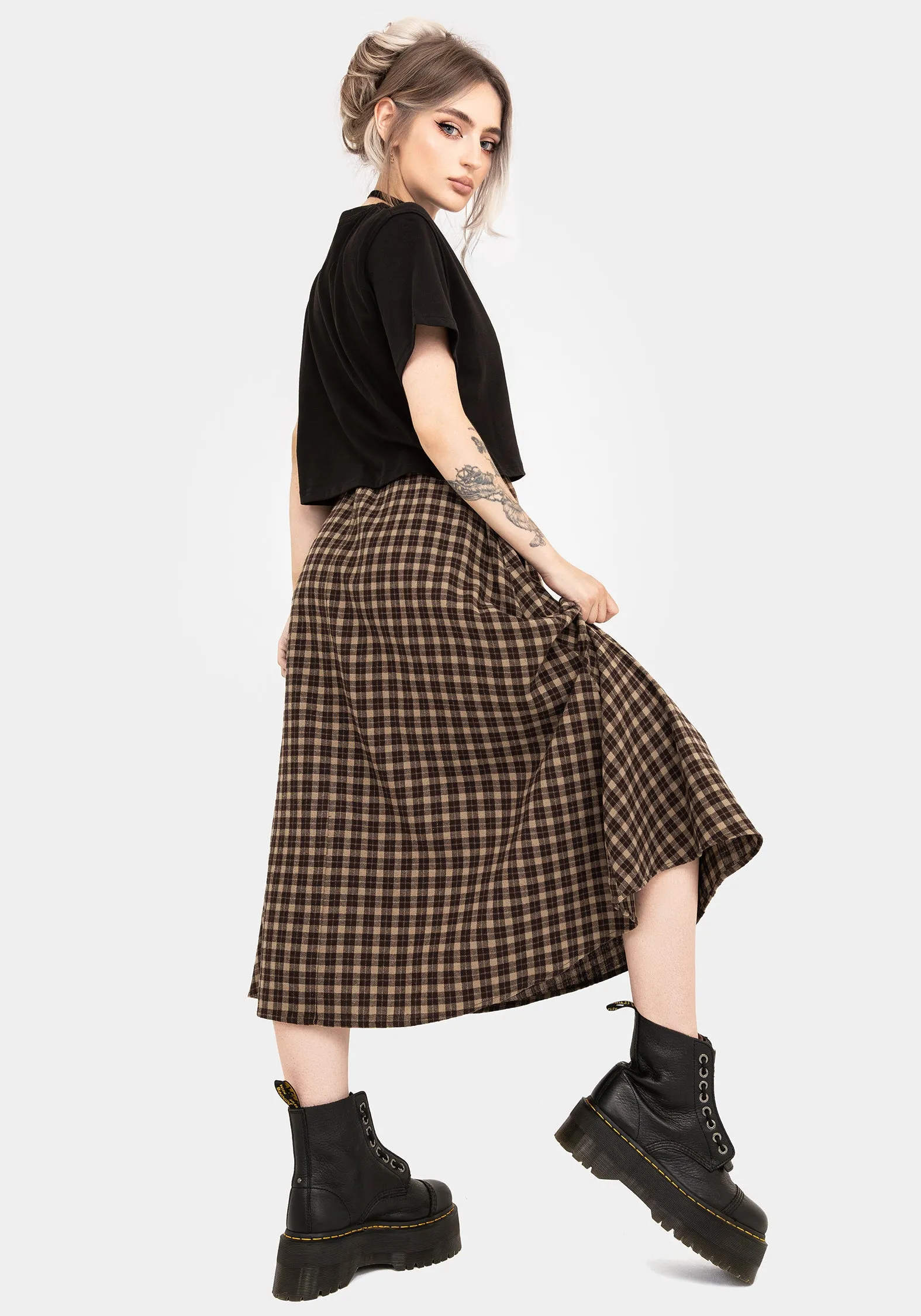 Convertible Style Terra Cotton Check Midi Skirt - Brown