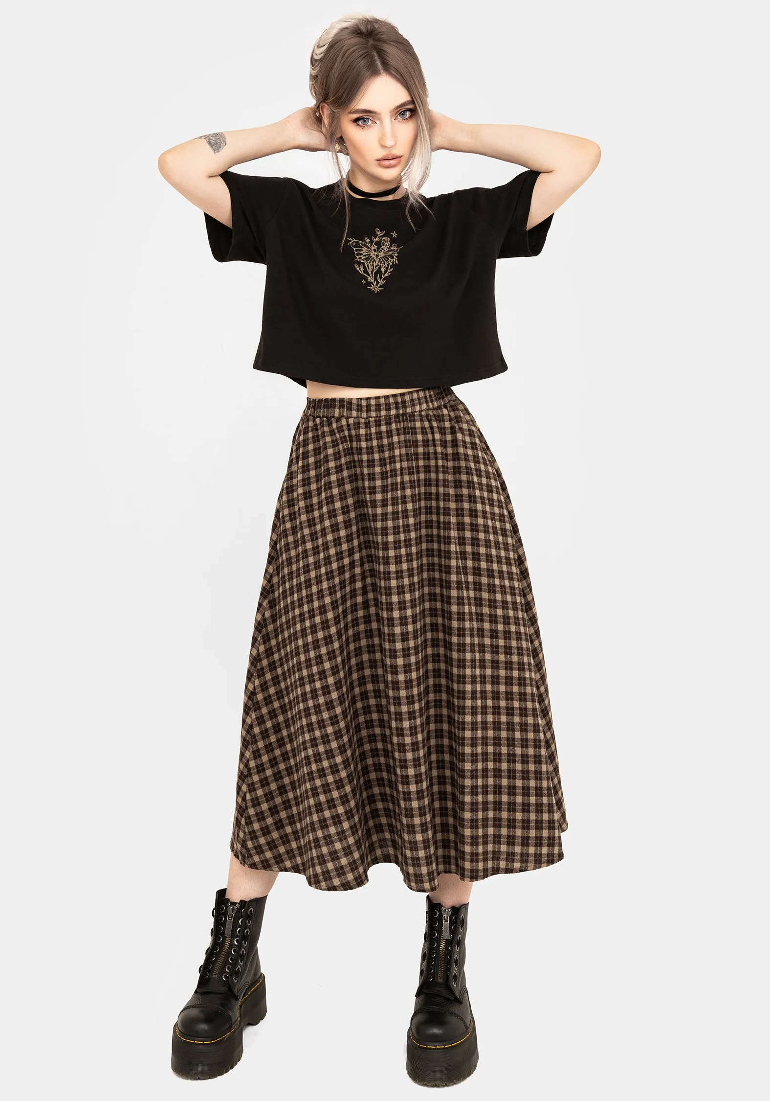 Terra Cotton Check Midi Skirt - Brown Urban Pulse
