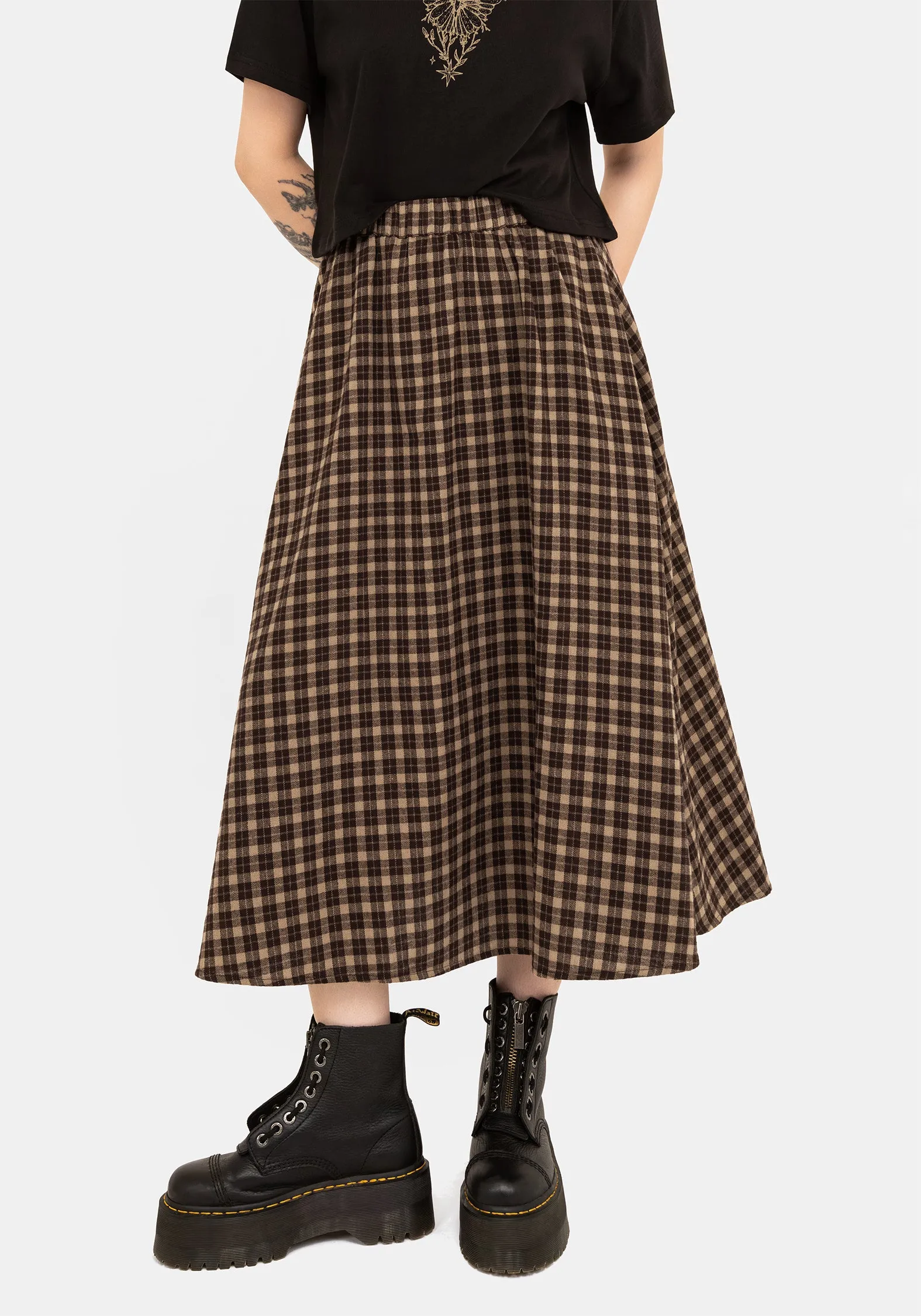 Terra Cotton Check Midi Skirt - Brown Light Touch