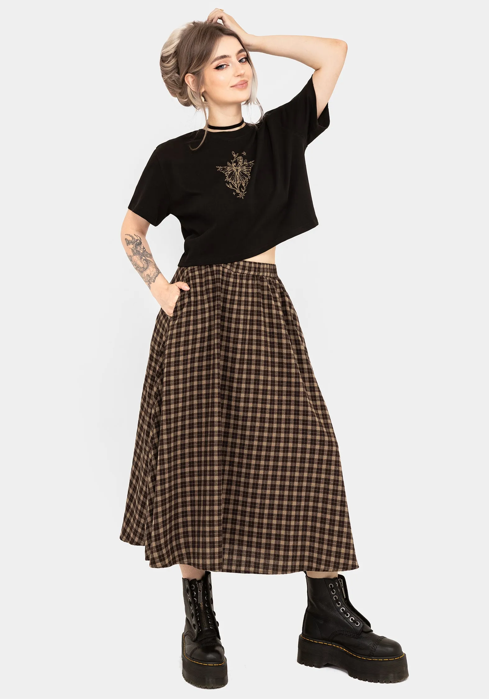 Reinforced Hems Creative Layering Terra Cotton Check Midi Skirt - Brown