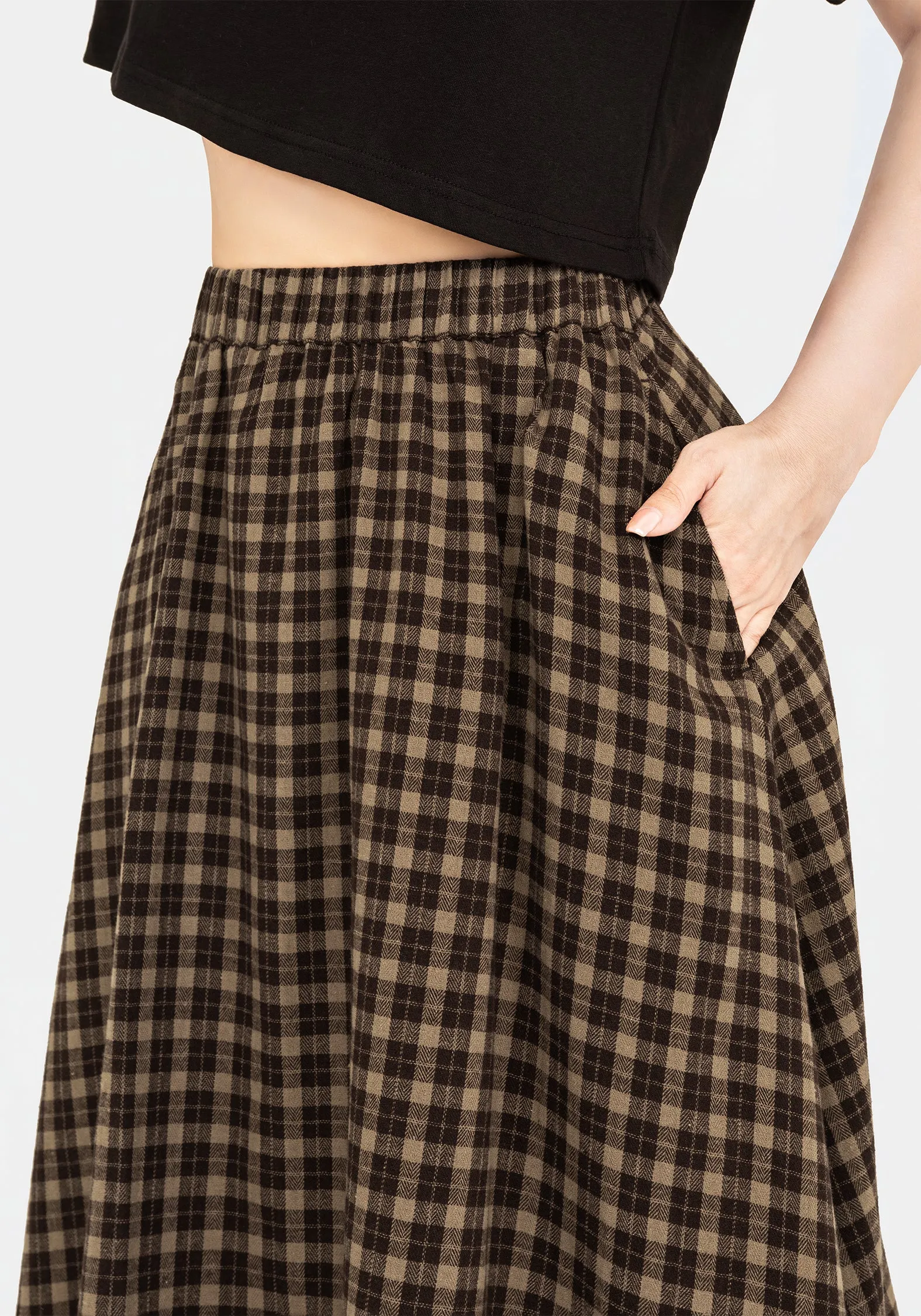 Daily Favorite Cool Tone Terra Cotton Check Midi Skirt - Brown