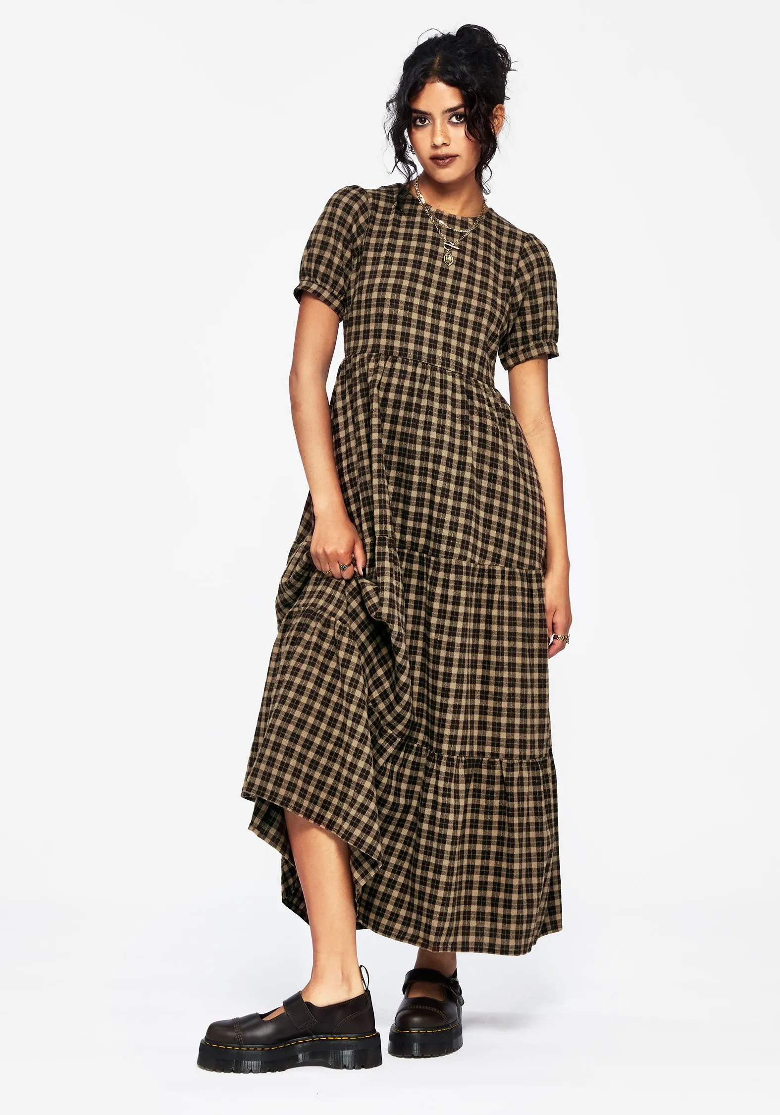 Built-In-Slip Style Moment Terra Cotton Check Smock Midaxi Dress - Brown