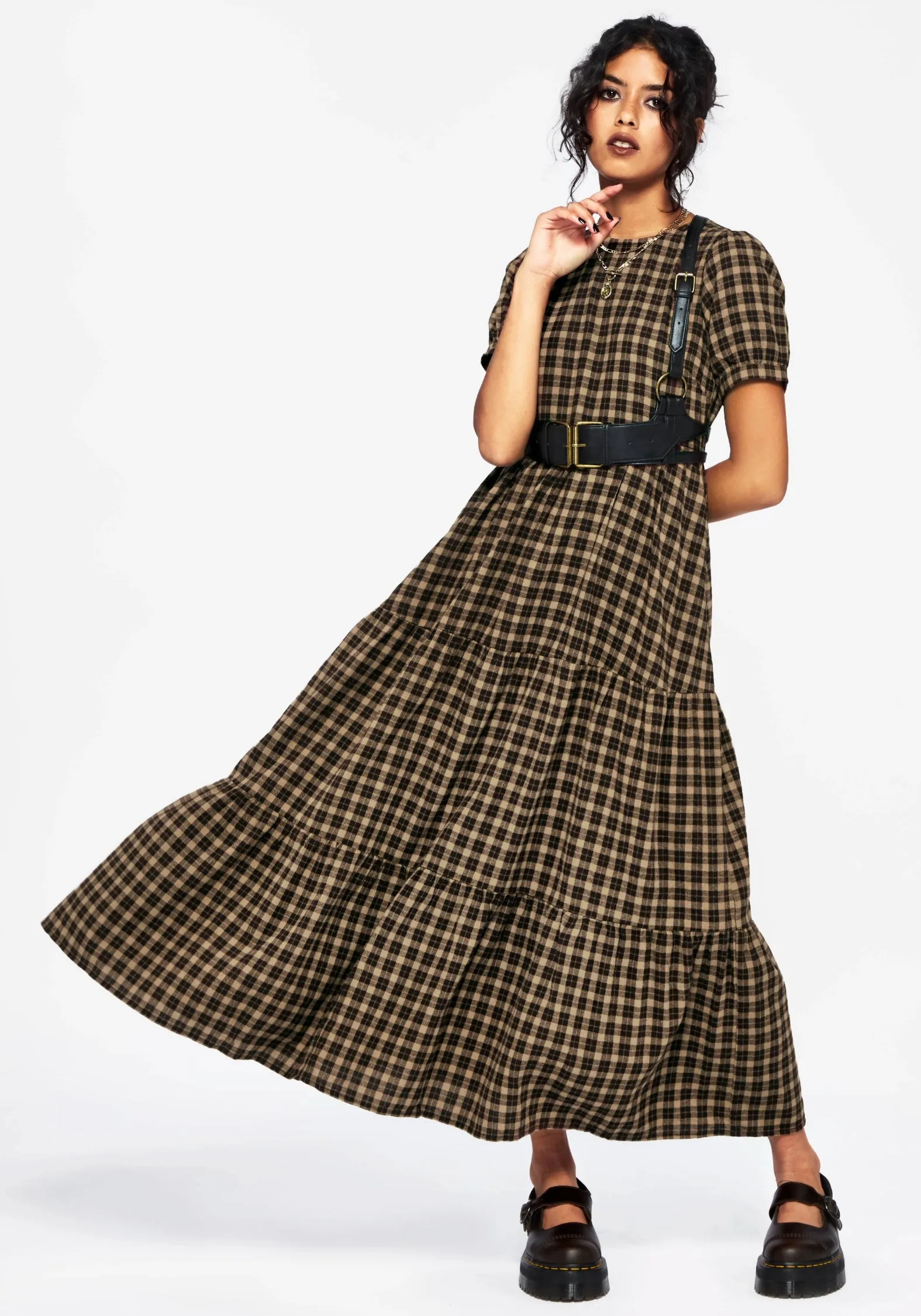 Texture Rich Feminine empire waist dress Terra Cotton Check Smock Midaxi Dress - Brown