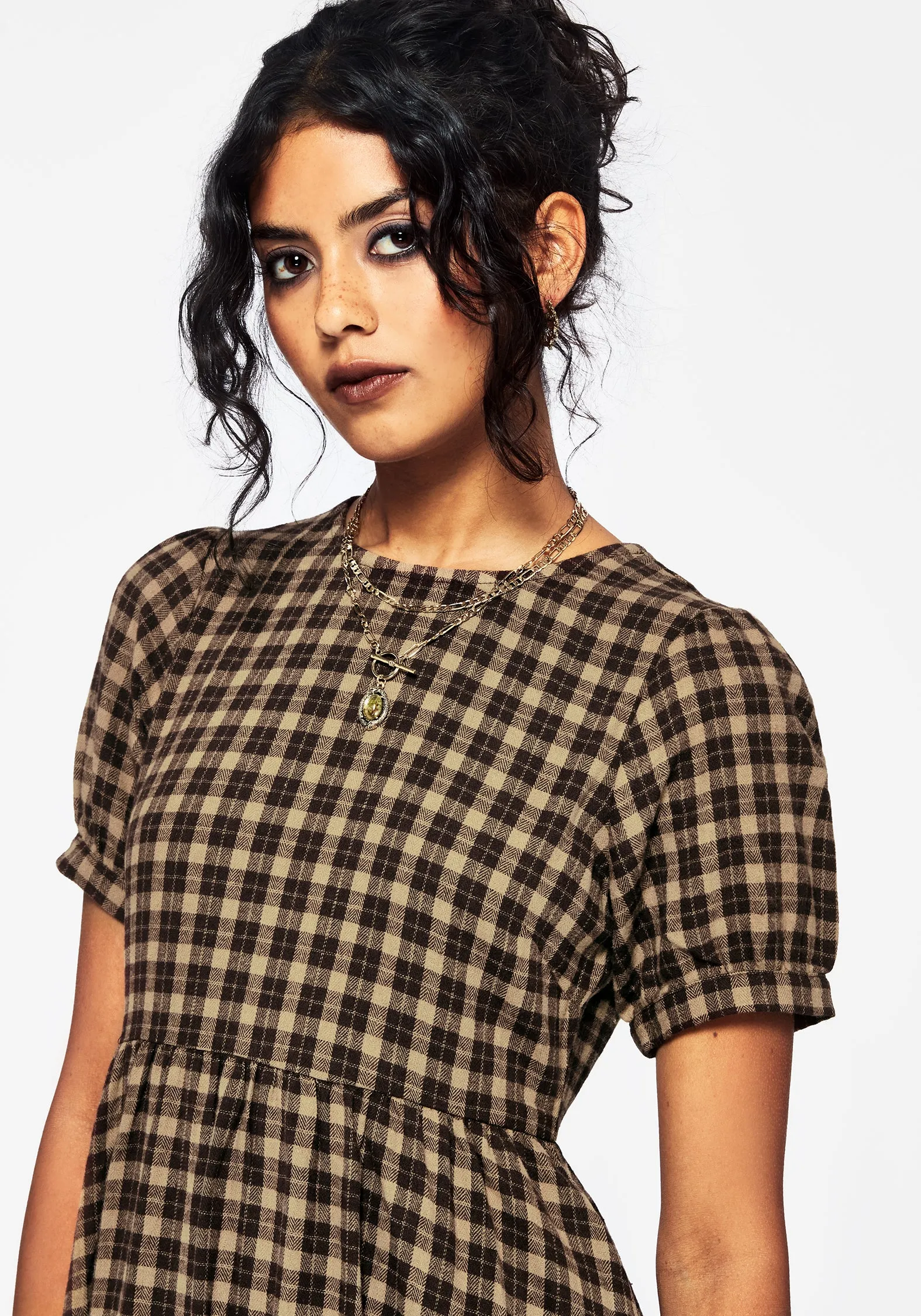 Joyful Look Terra Cotton Check Smock Midaxi Dress - Brown