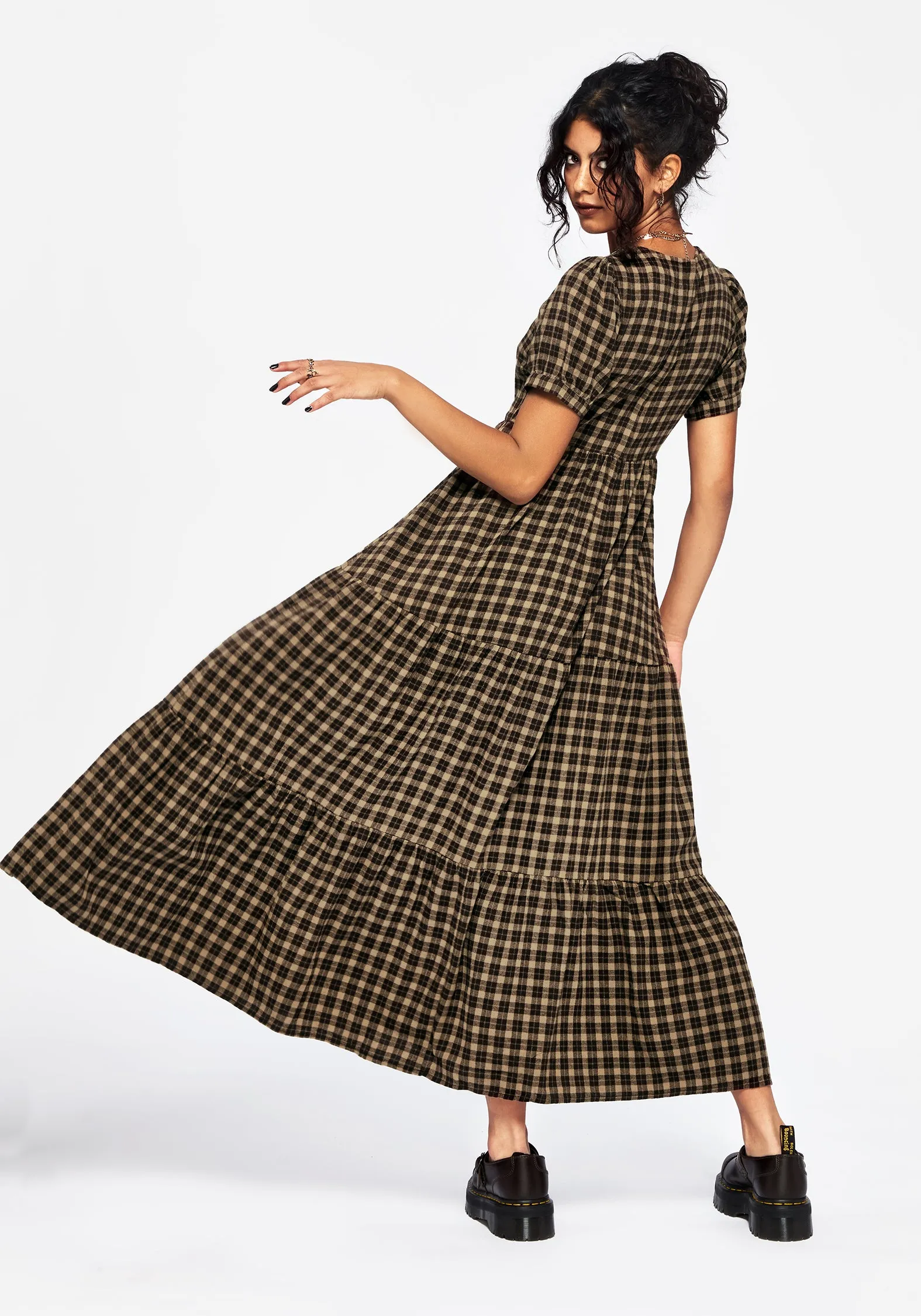 Office Ease Cruise-Wear Terra Cotton Check Smock Midaxi Dress - Brown