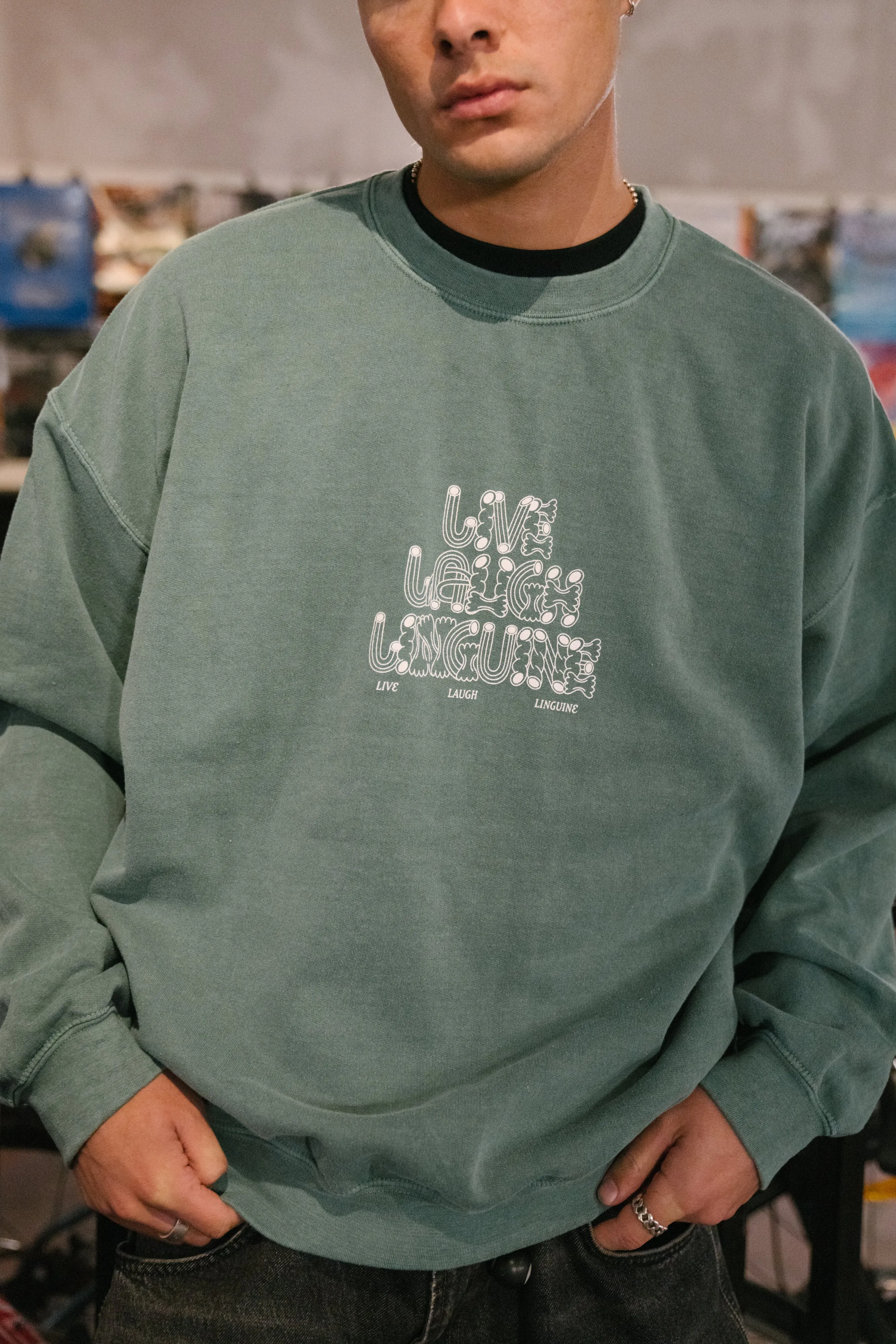 Other Side Store 'Live Laugh Linguine' Sweater - Vintage Washed Green Classic Crew Neck