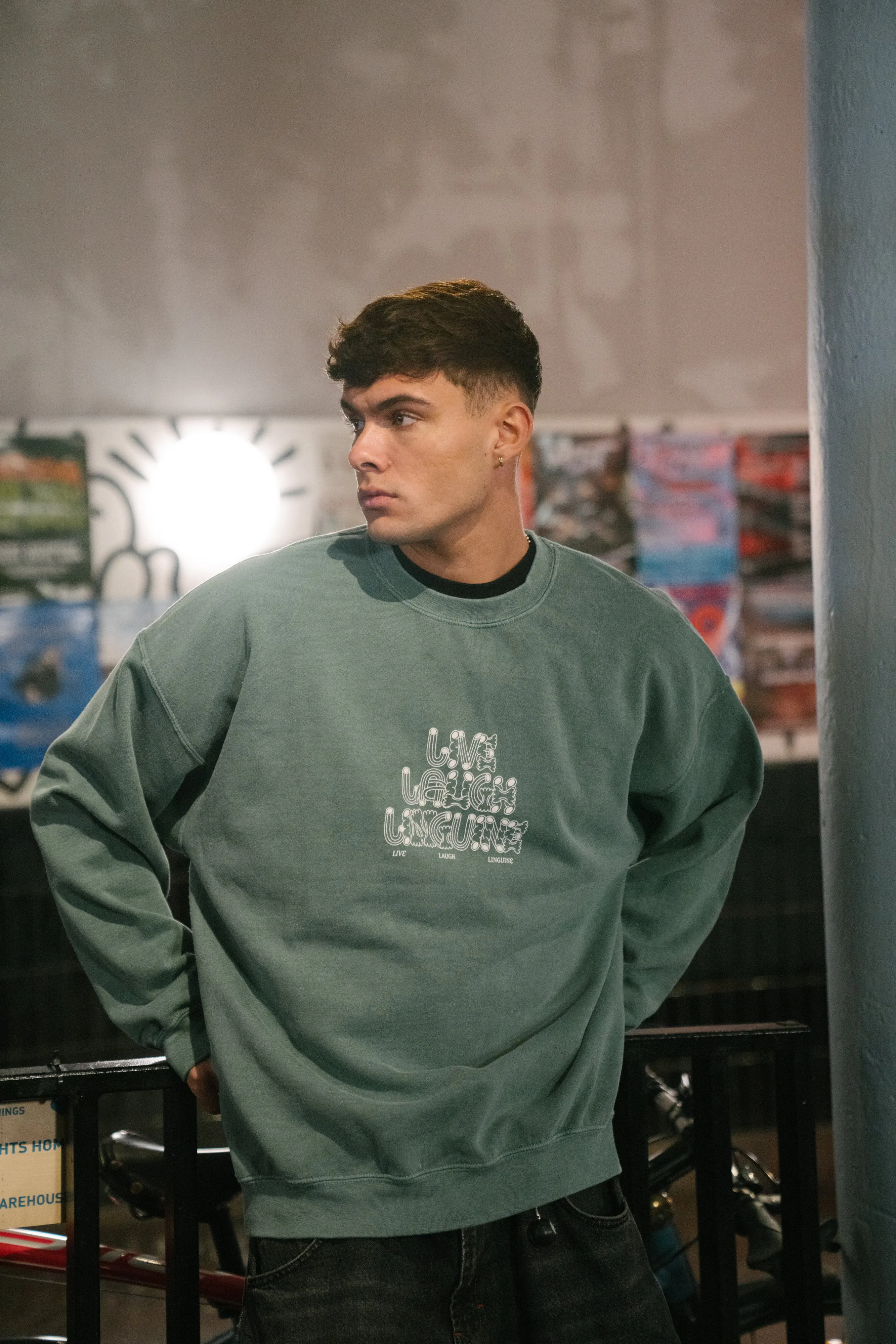 Other Side Store 'Live Laugh Linguine' Sweater - Vintage Washed Green Chic Layering Non Restrictive Armhole