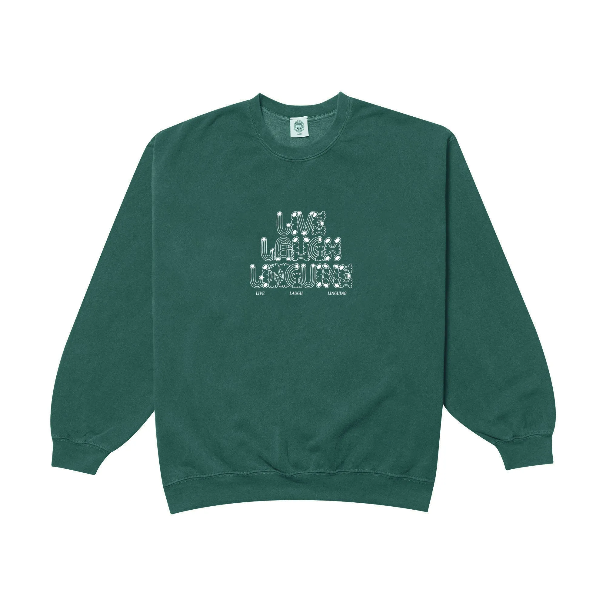 Other Side Store 'Live Laugh Linguine' Sweater - Vintage Washed Green Classic Knit Design Seasonal Layers