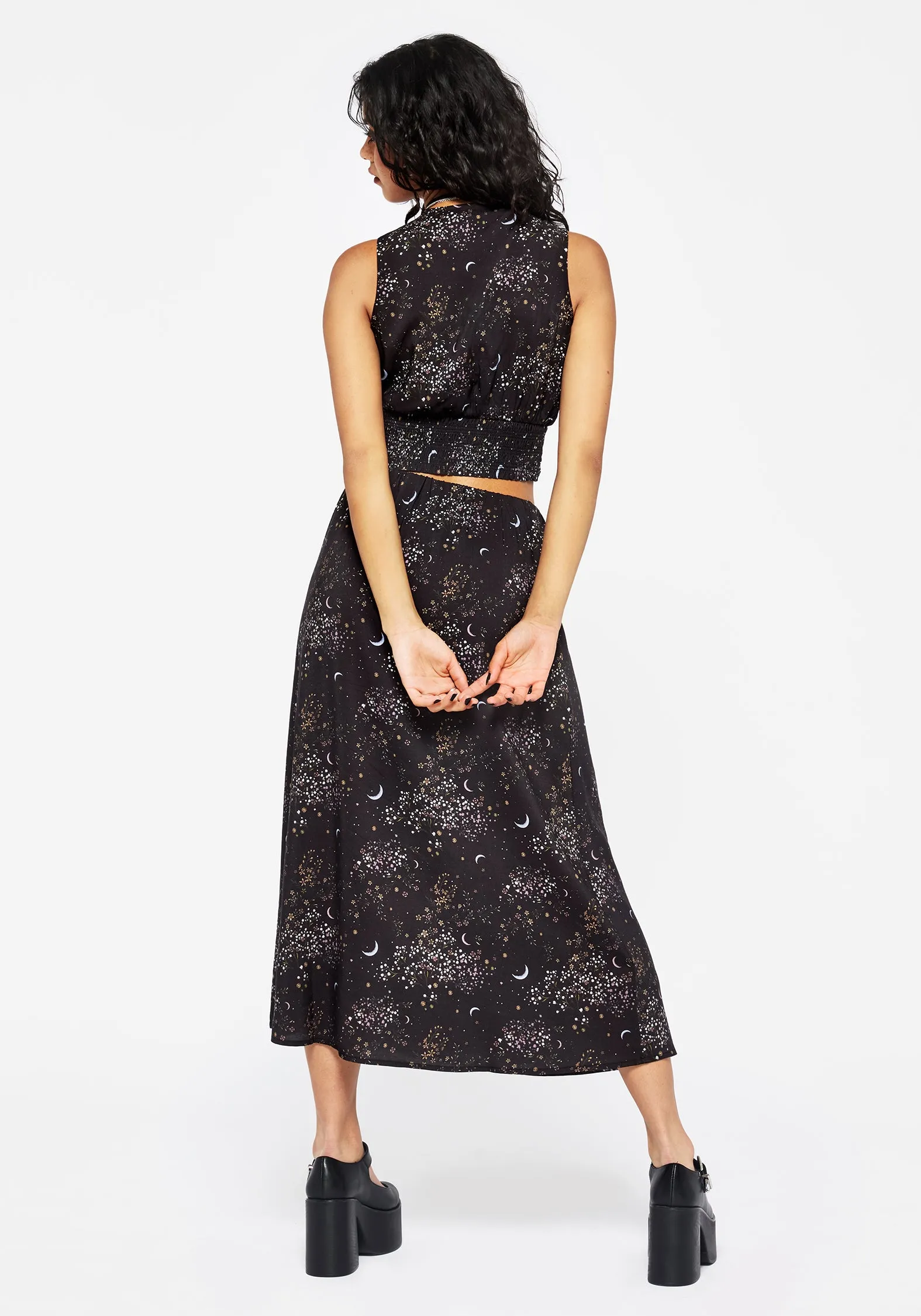 Material Innovation Retro Style Peaseblossom Celestial Midi Skirt