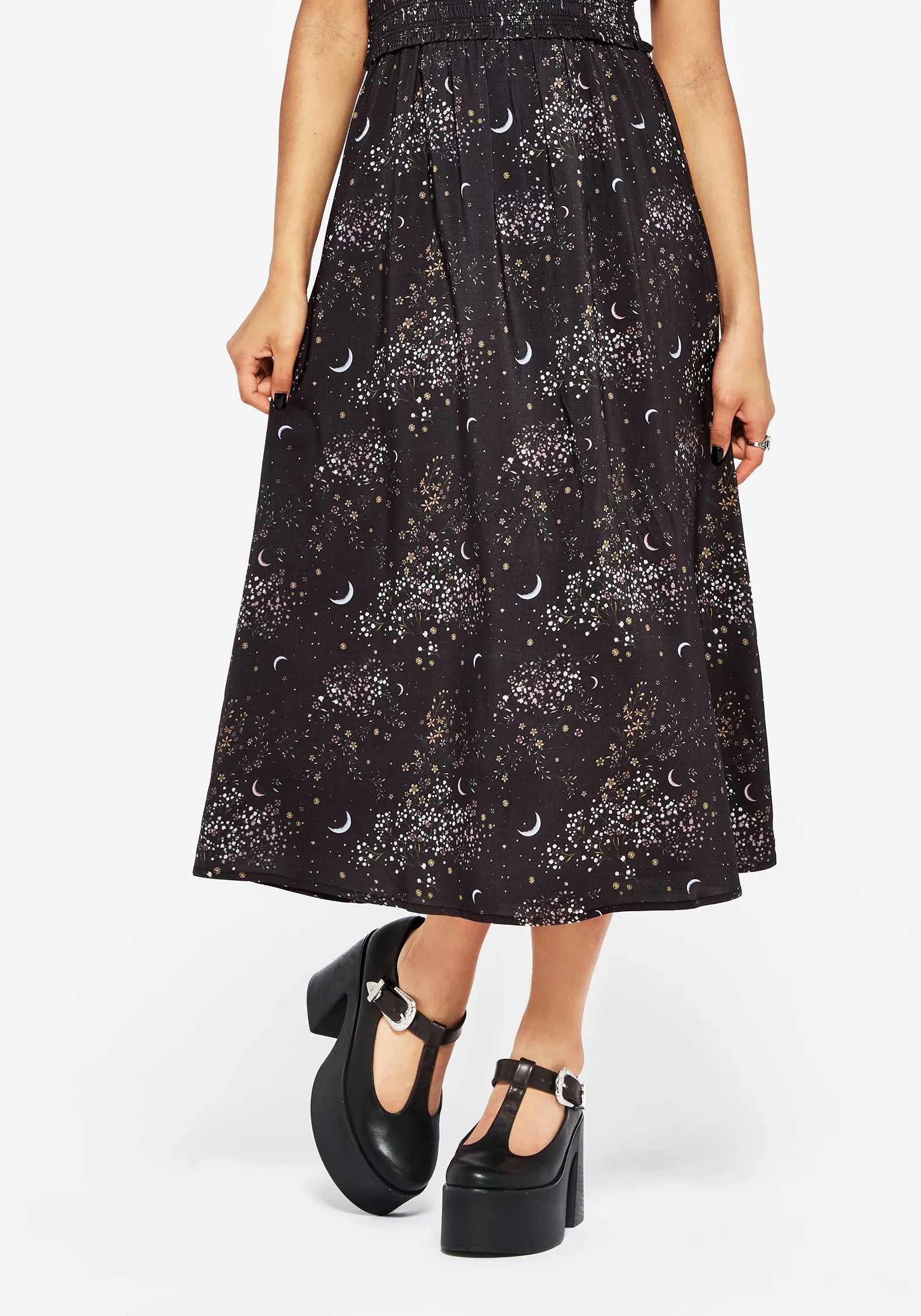 Peaseblossom Celestial Midi Skirt Elasticized Hem Fashion Fusion