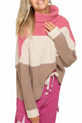 Textured Colorblock Turtleneck Sweater In Bubblegum Pink Multi Comfy Must-Have Soft & Cozy