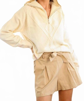 Functional Knit Cozy Thermal Textured Half Zip Sweater In Cream