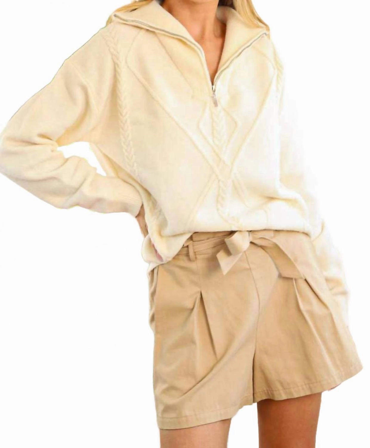 Odor Resistant Finish Textured Half Zip Sweater In Cream