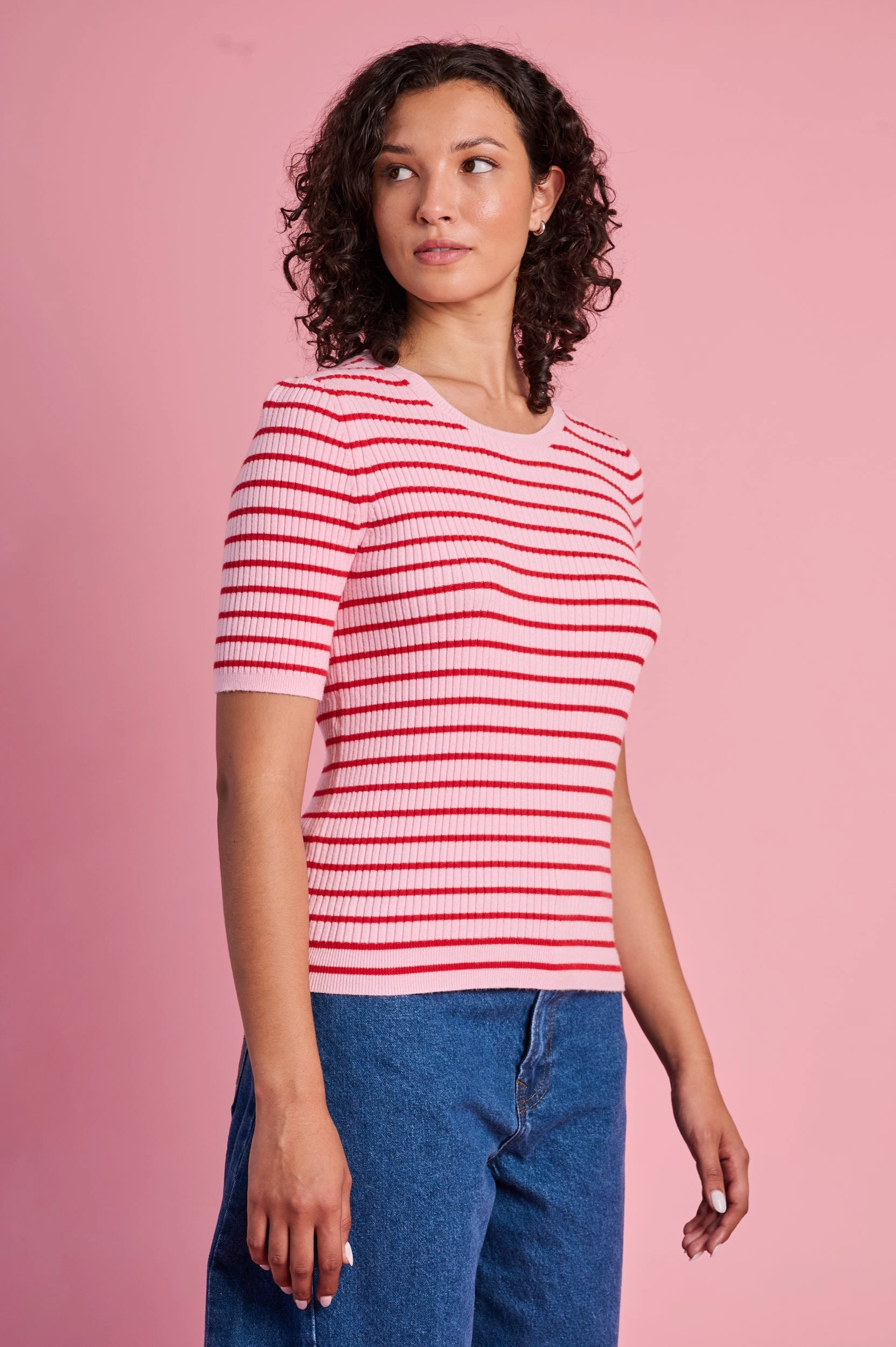 The Stripe Knitwear Basic in Red and Pink All Over Print Technique