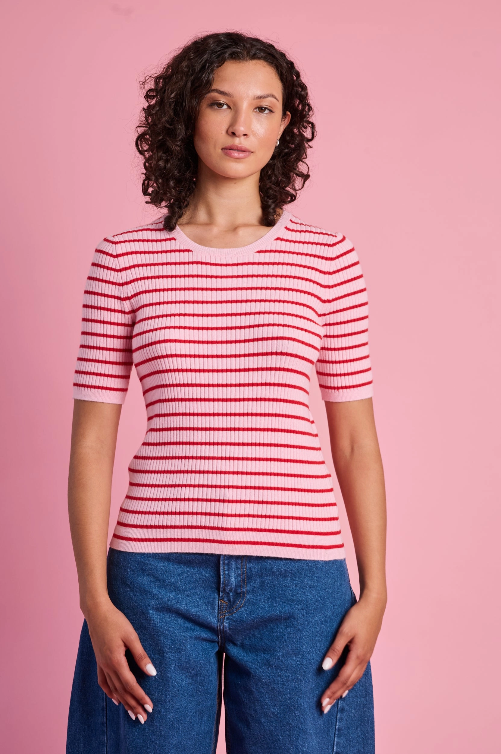 The Stripe Knitwear Basic in Red and Pink Button Down Collar Style