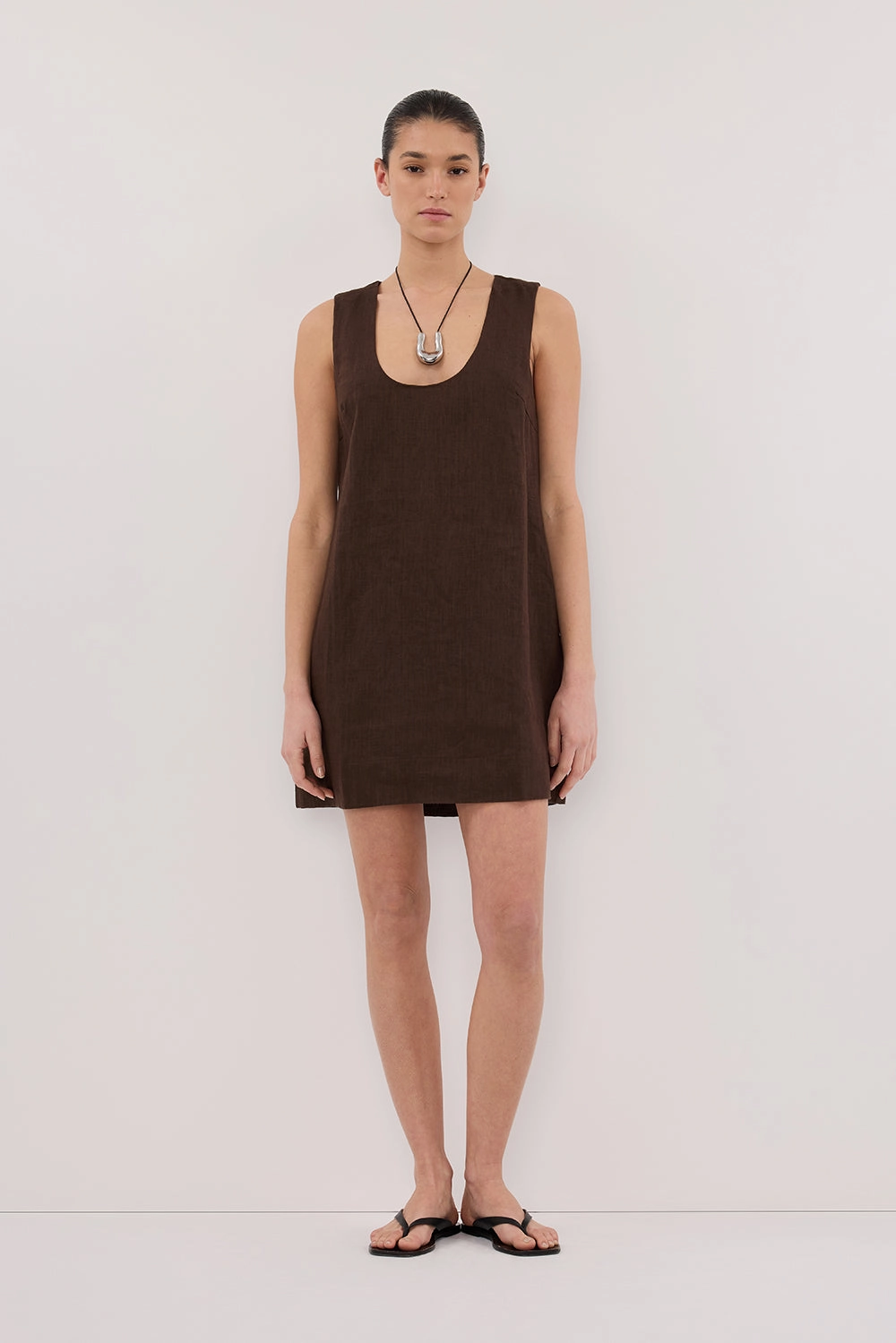 LOTUS BITTER CHOC LINEN MINI DRESS Satin-Finish