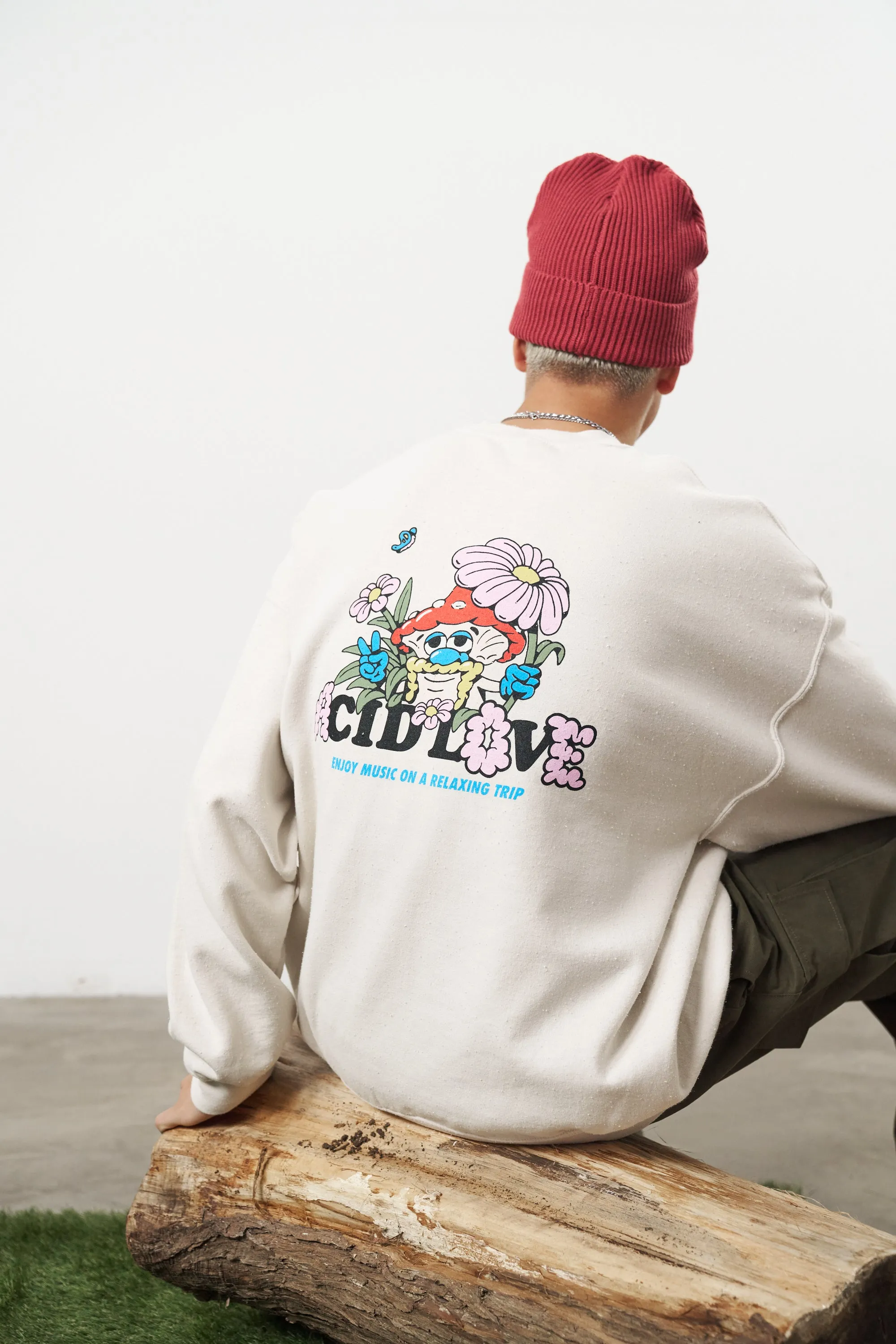Acid Love 'Mushroom' Vintage Washed Sweater - Cream Soft Knit Piece Cozy Apparel