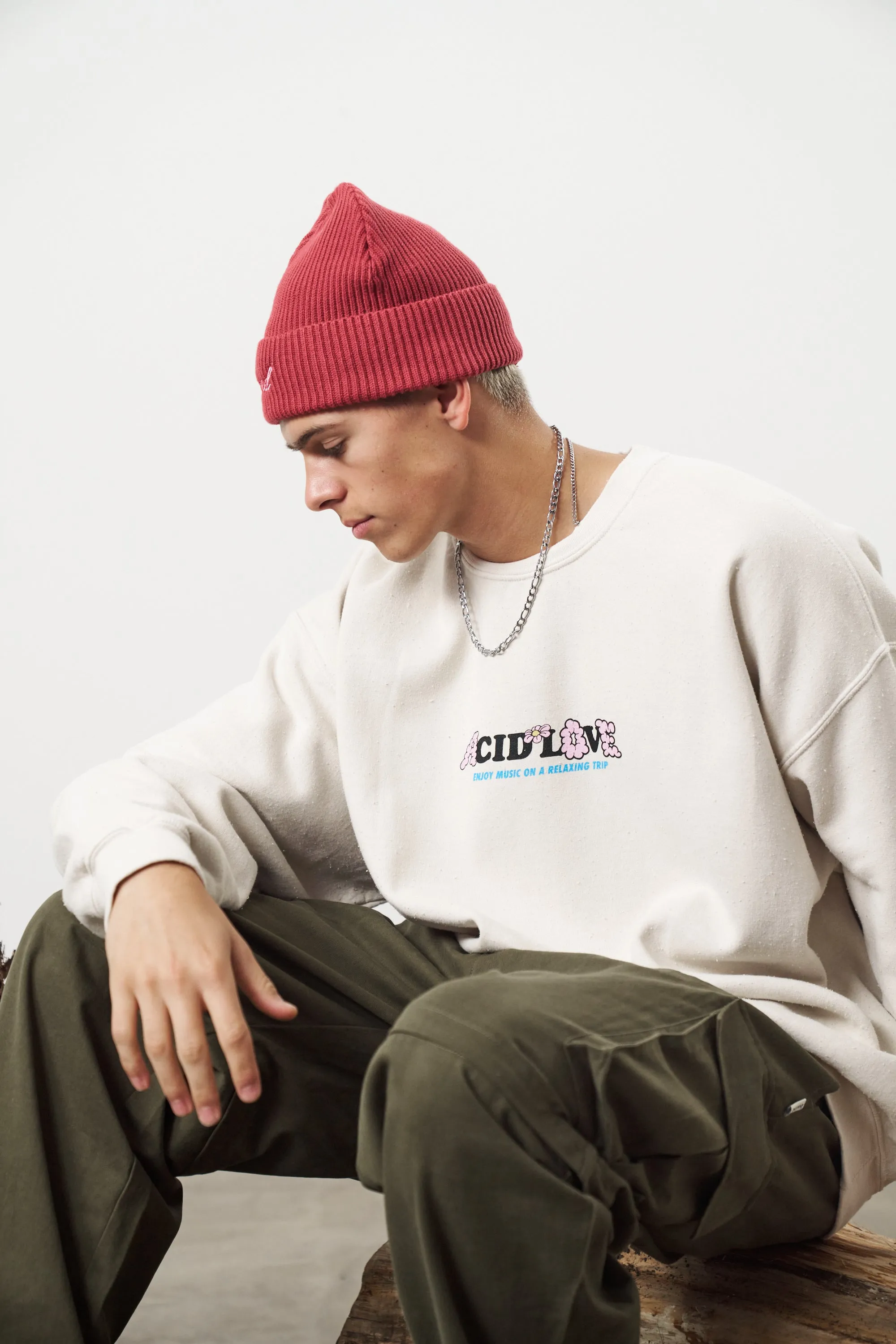 Acid Love 'Mushroom' Vintage Washed Sweater - Cream Snuggle Fit Cozy Design