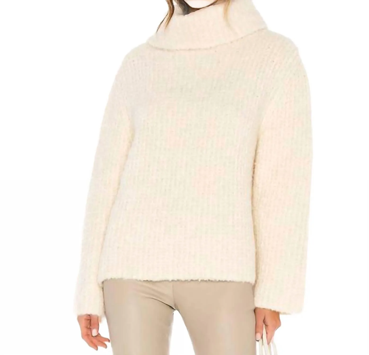 Fashion Forward Fold Over Neck Boucle Knit Cowl Neck Sweater In Ivory