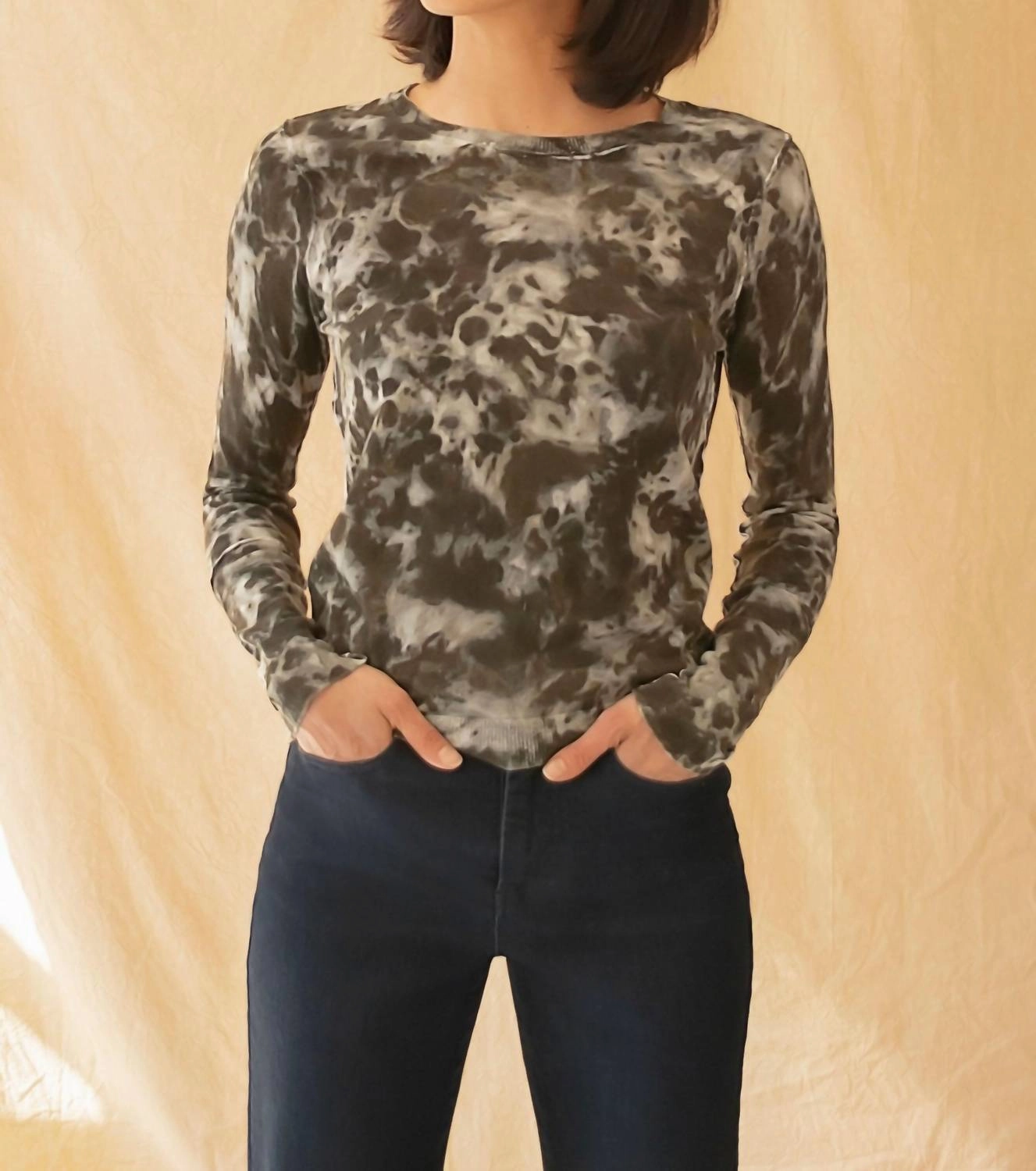 Reverse Print Crew Neck In Tie Dye Pine Reinforced Cuffs