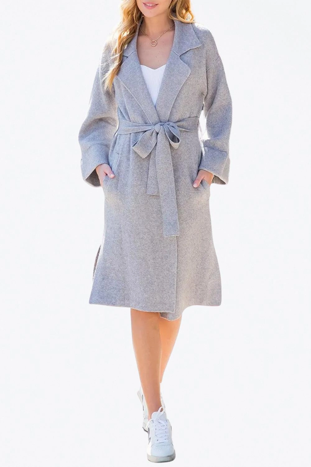 Anti Snag Fabric Belted Knit Cardigan In Heather Grey