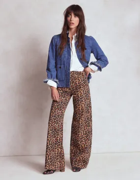 Flat Lock Seams High Rise Wide Leg Jeans-Leopard Print