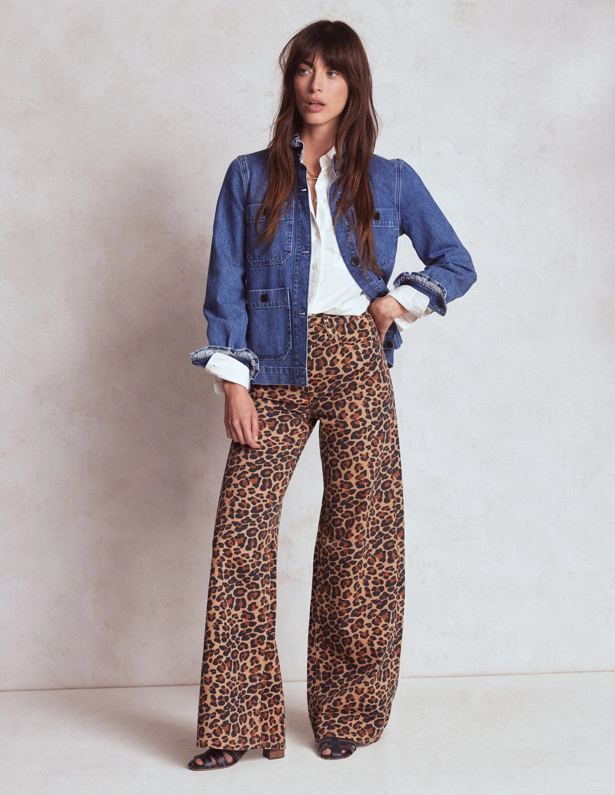 Flat Lock Seams High Rise Wide Leg Jeans-Leopard Print