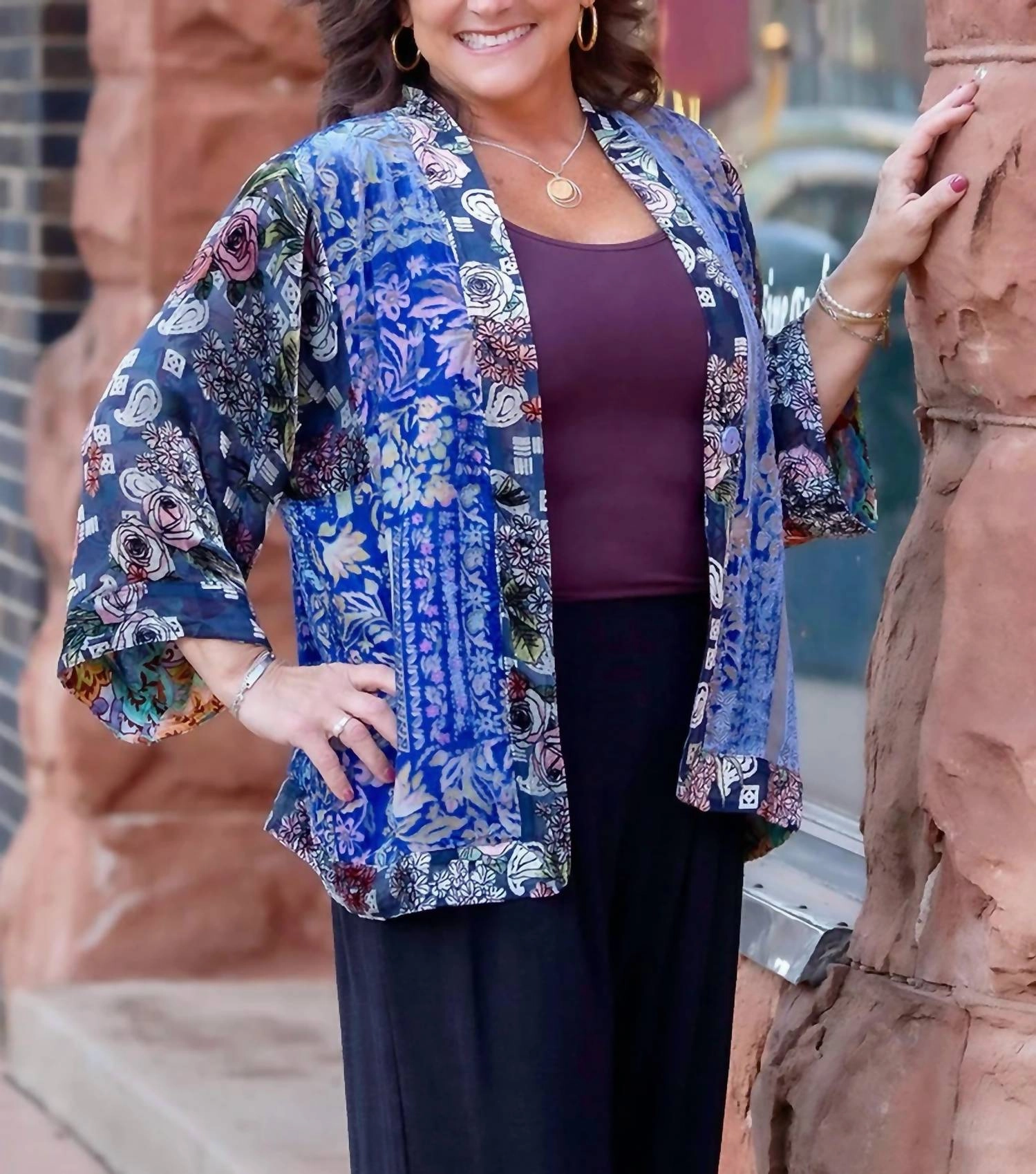Carwin Burnout Kimono In Blue-Purple Plush Inner Lining Fashion Essential